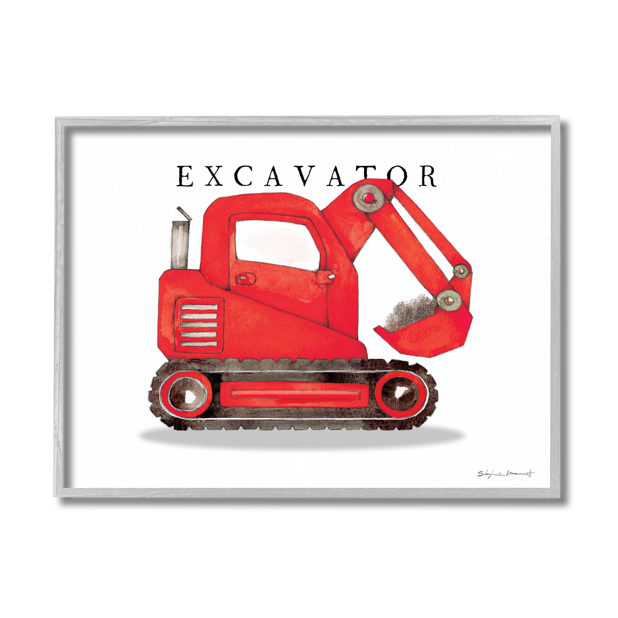 Stupell Industries Red Excavator Truck Traditional Construction Vehicle in Gray Frame Wall Art