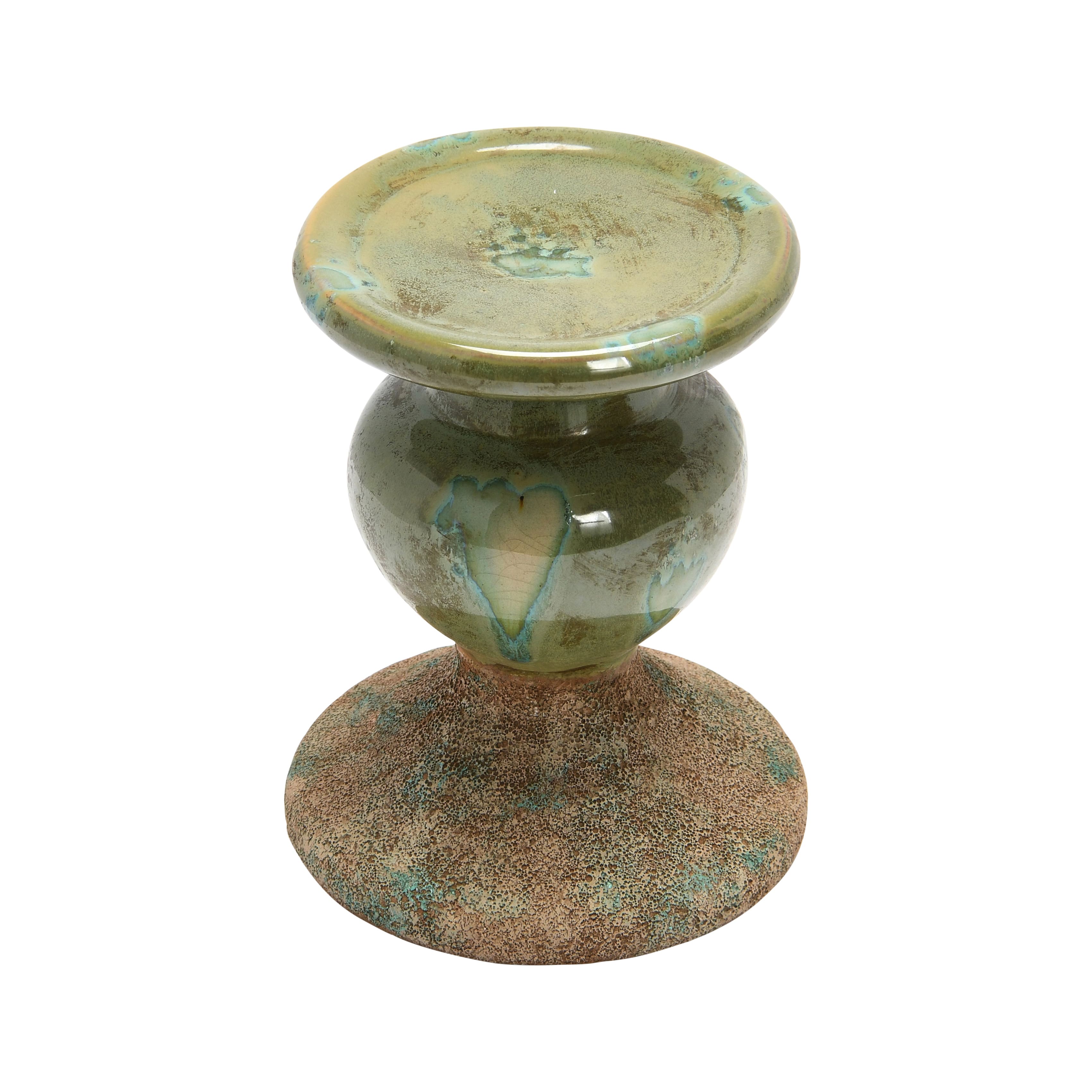 Hello Honey® Distressed Green 2-Tone Sculptural Terracotta Pillar Candle Holder