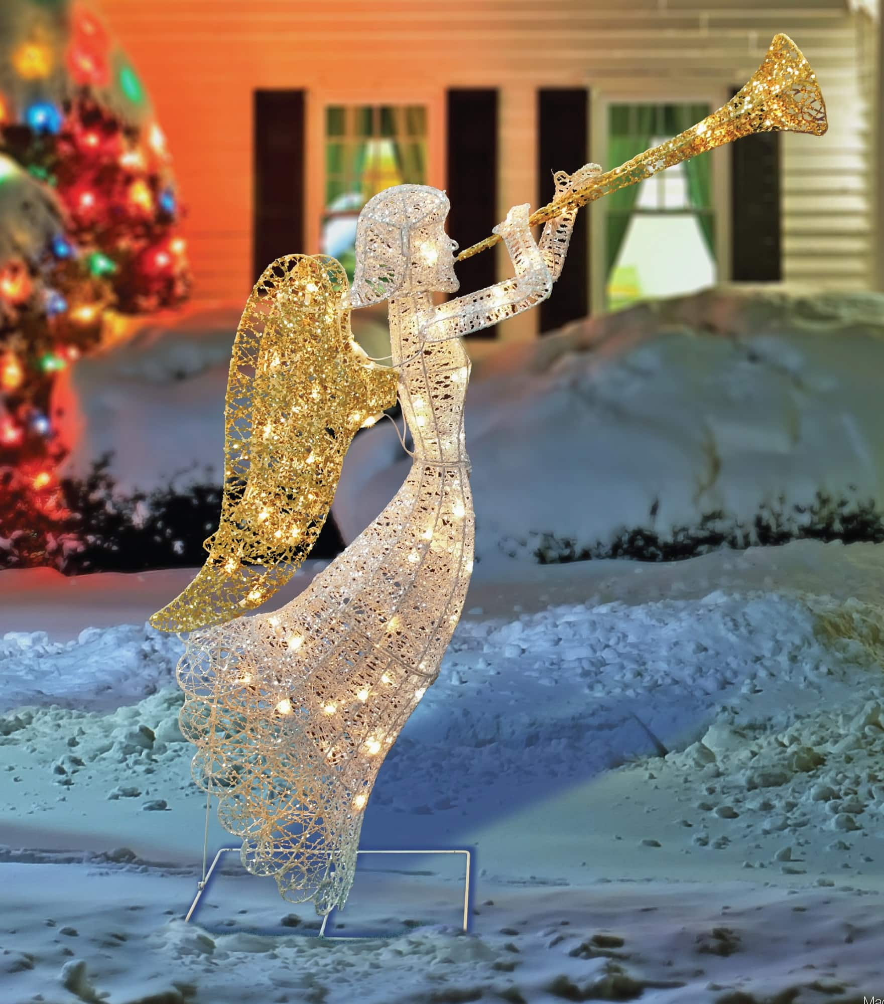 48&#x22; Silver &#x26; Gold Lighted Glittered Trumpeting Angel Outdoor Christmas D&#xE9;cor