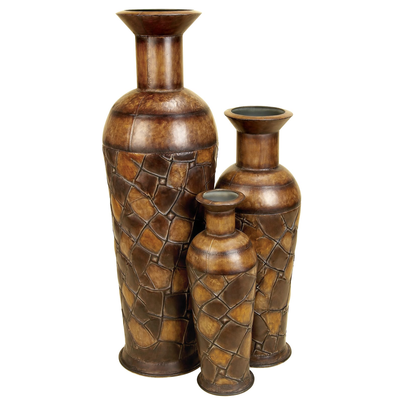 Set of 3 Brown Metal Rustic Vase, 50&#x22;, 35&#x22;, 26&#x22;