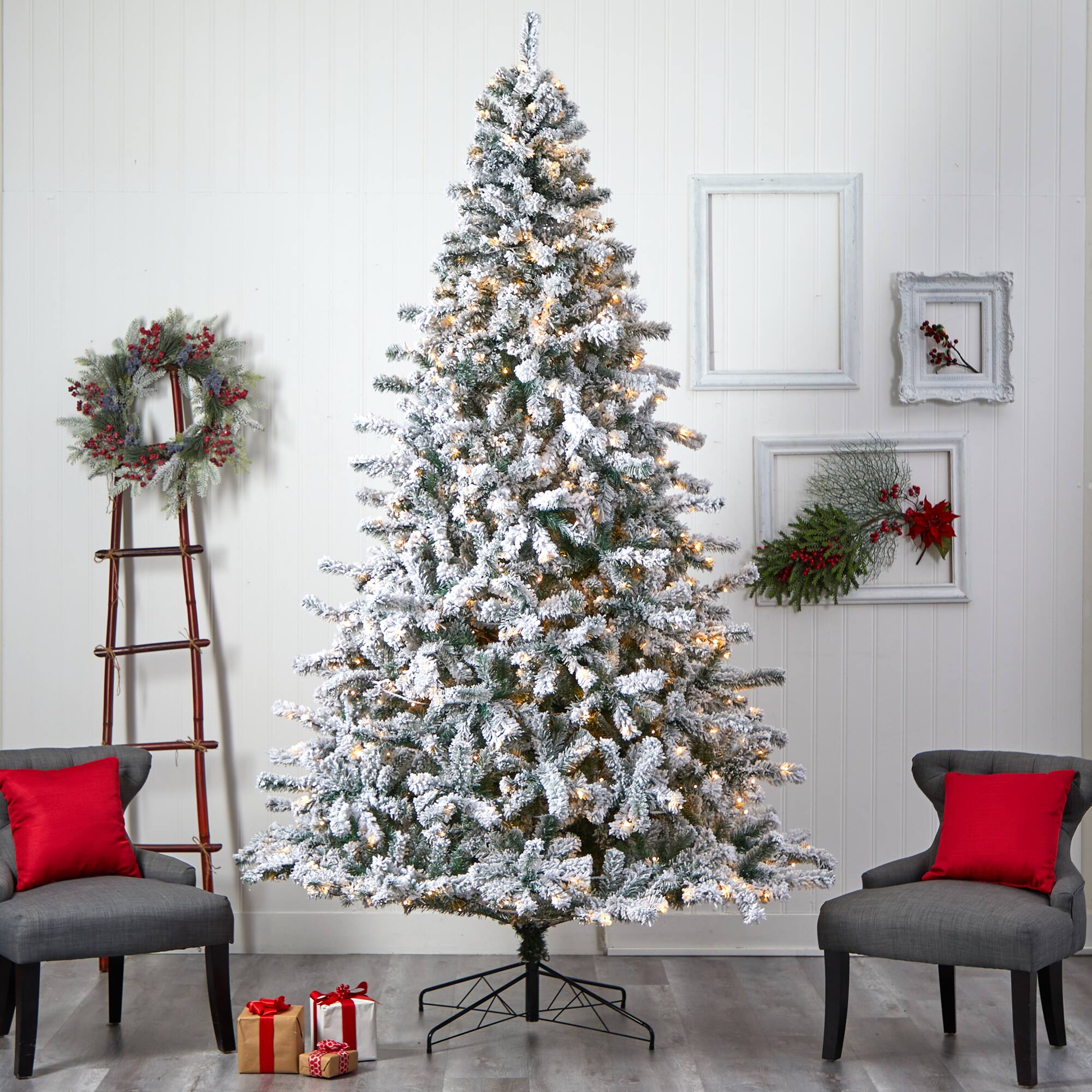 10ft. Pre-Lit Flocked Rock Springs Spruce Artificial Christmas Tree, Clear LED Lights