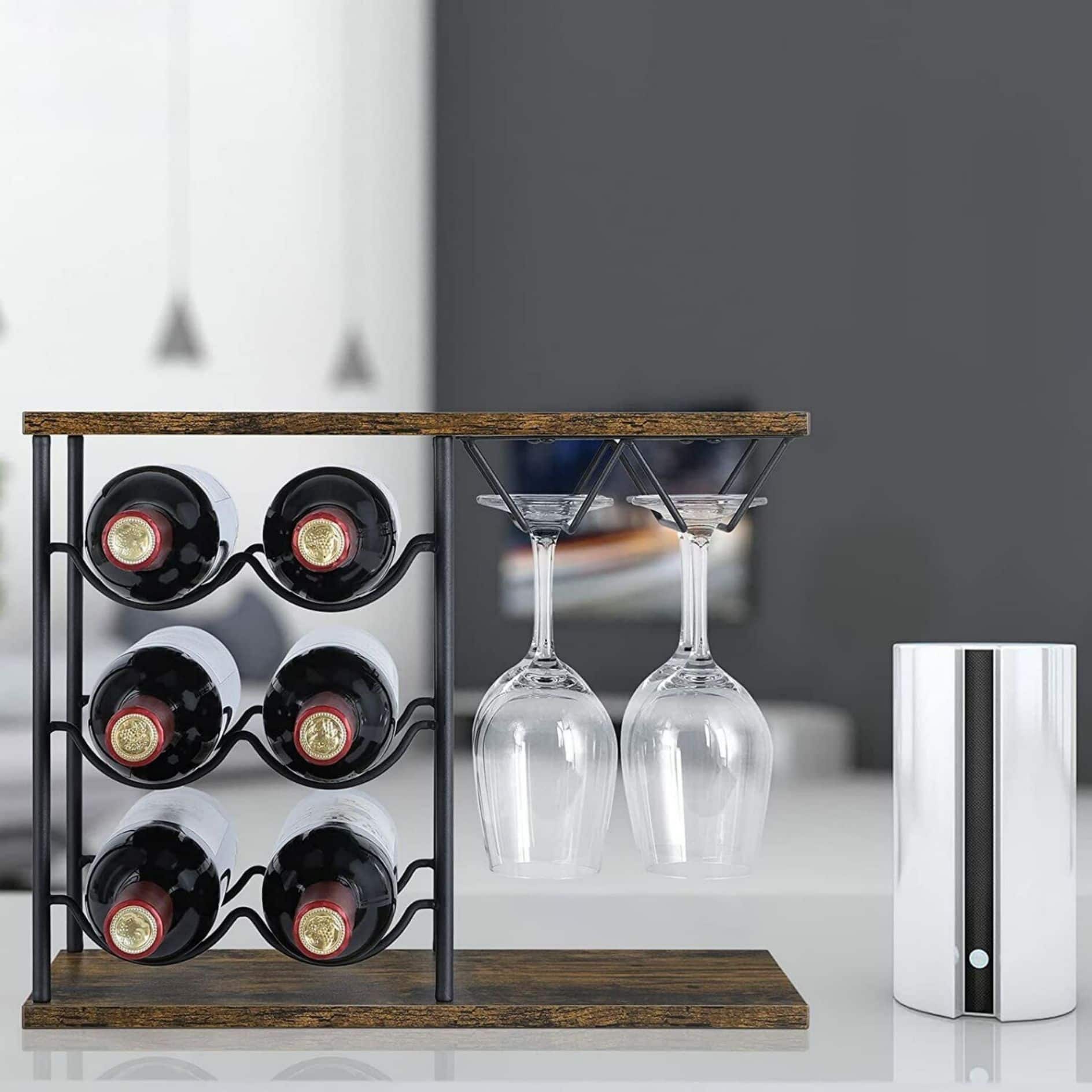 NEX™ 16.5" Dark Brown Countertop Wine Bottle & Glass Rack