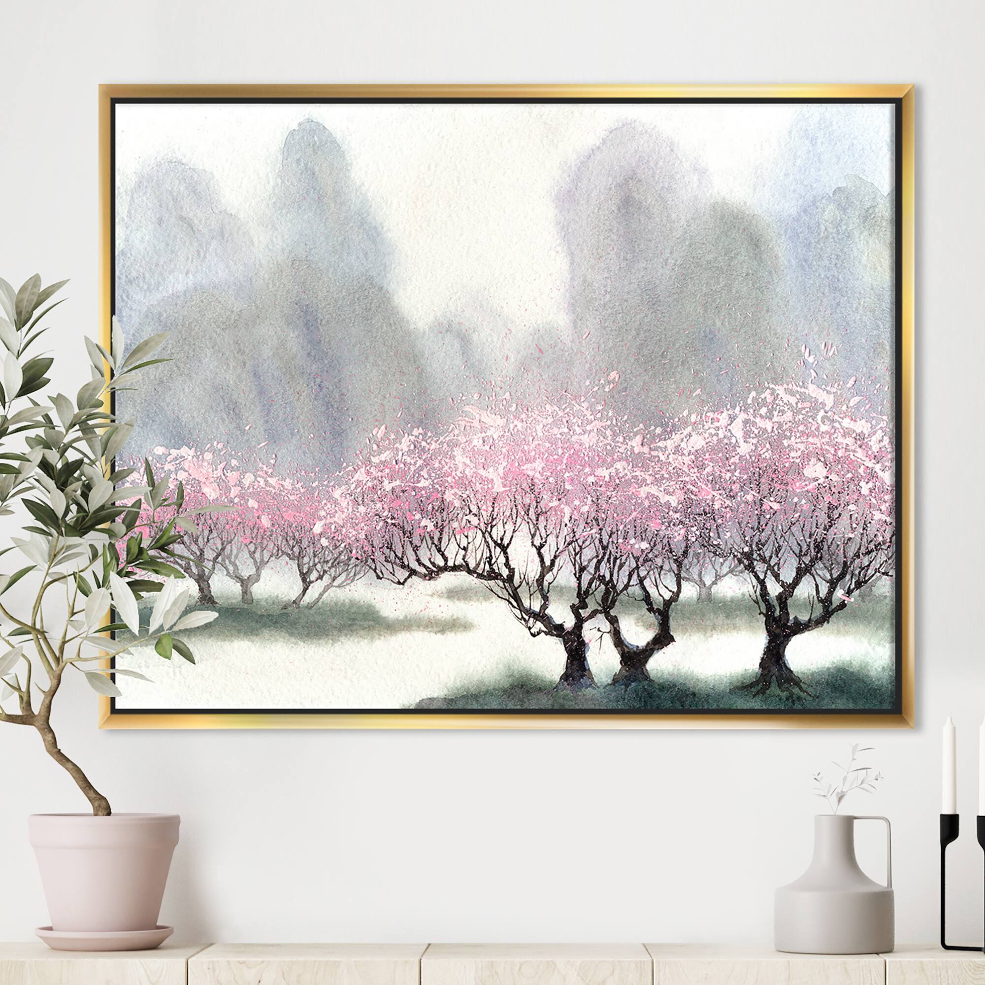 Designart - Flowering Trees at Spring - Landscape Art Print Framed Canvas