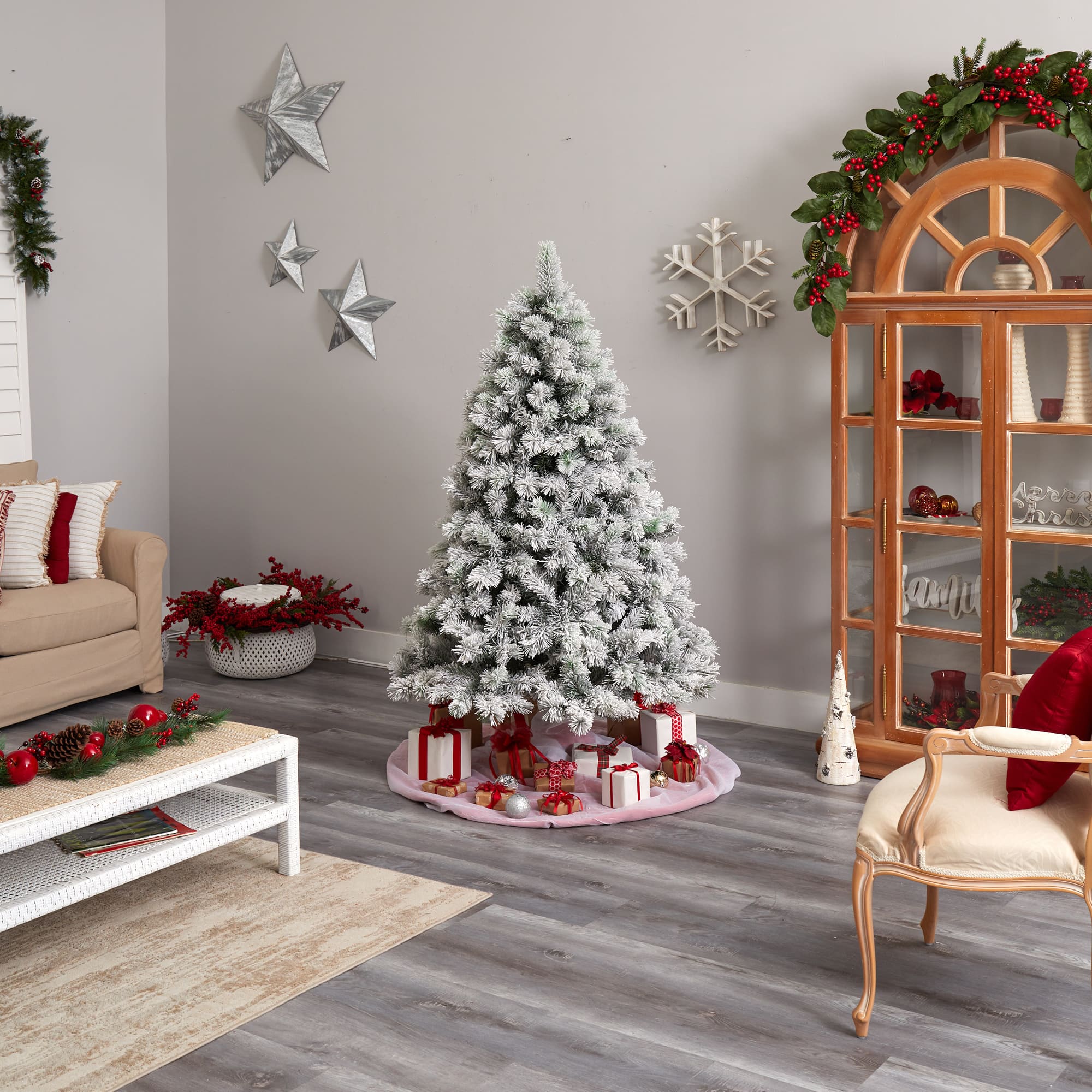 6ft. Pre-Lit Flocked Oregon Pine Artificial Christmas Tree, Clear Lights