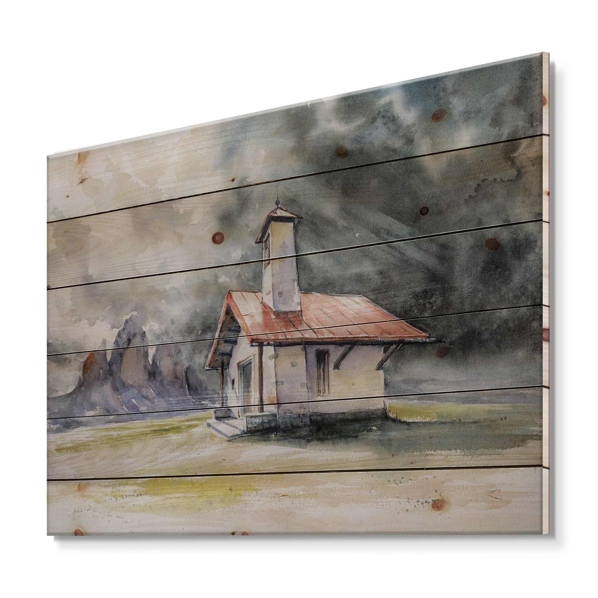 Designart - Rustic House On Mountain Top During Storm - Country Print on Natural Pine Wood