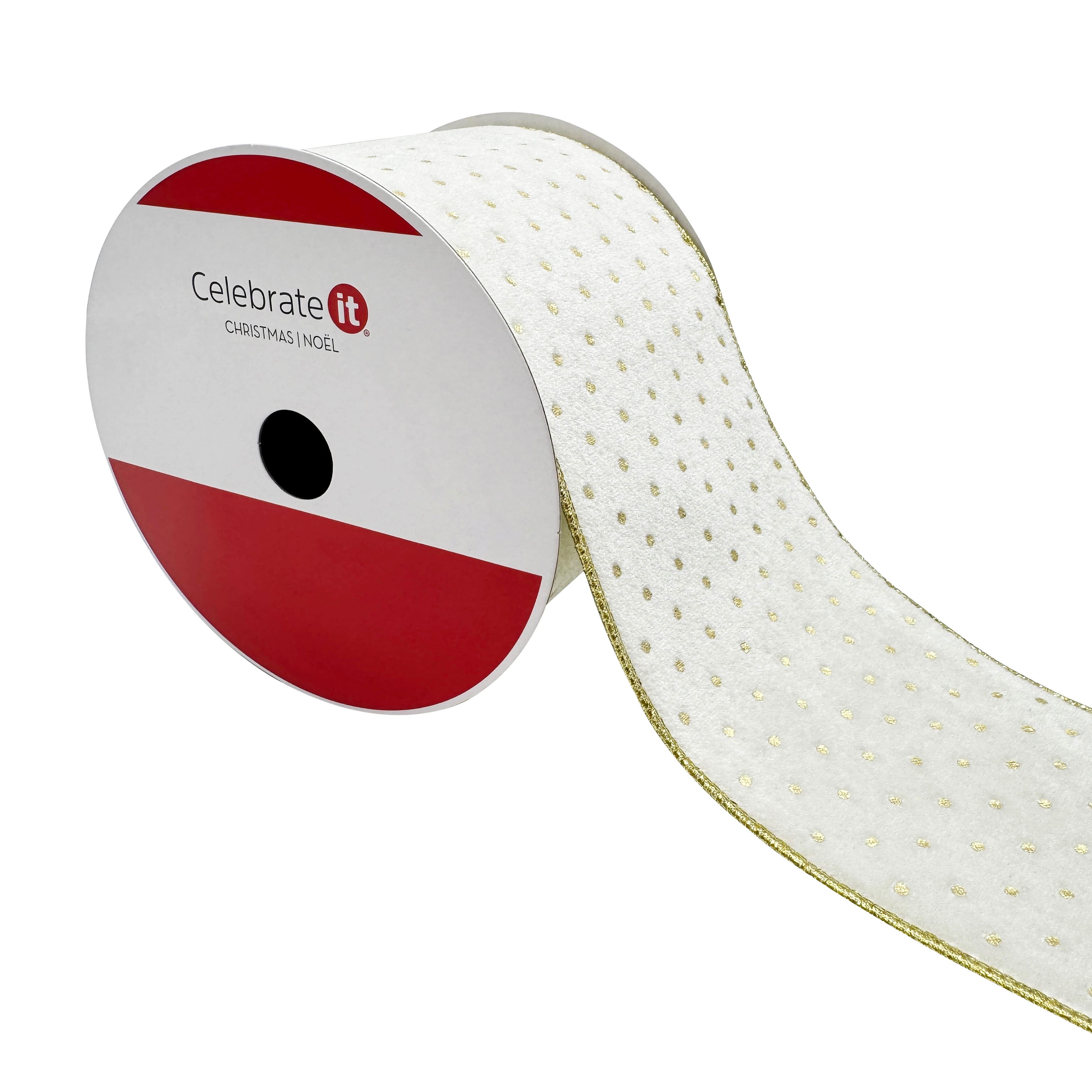 2.5&#x22; x 15ft. Cream &#x26; Gold Dots Wired Velvet Ribbon by Celebrate It&#xAE;