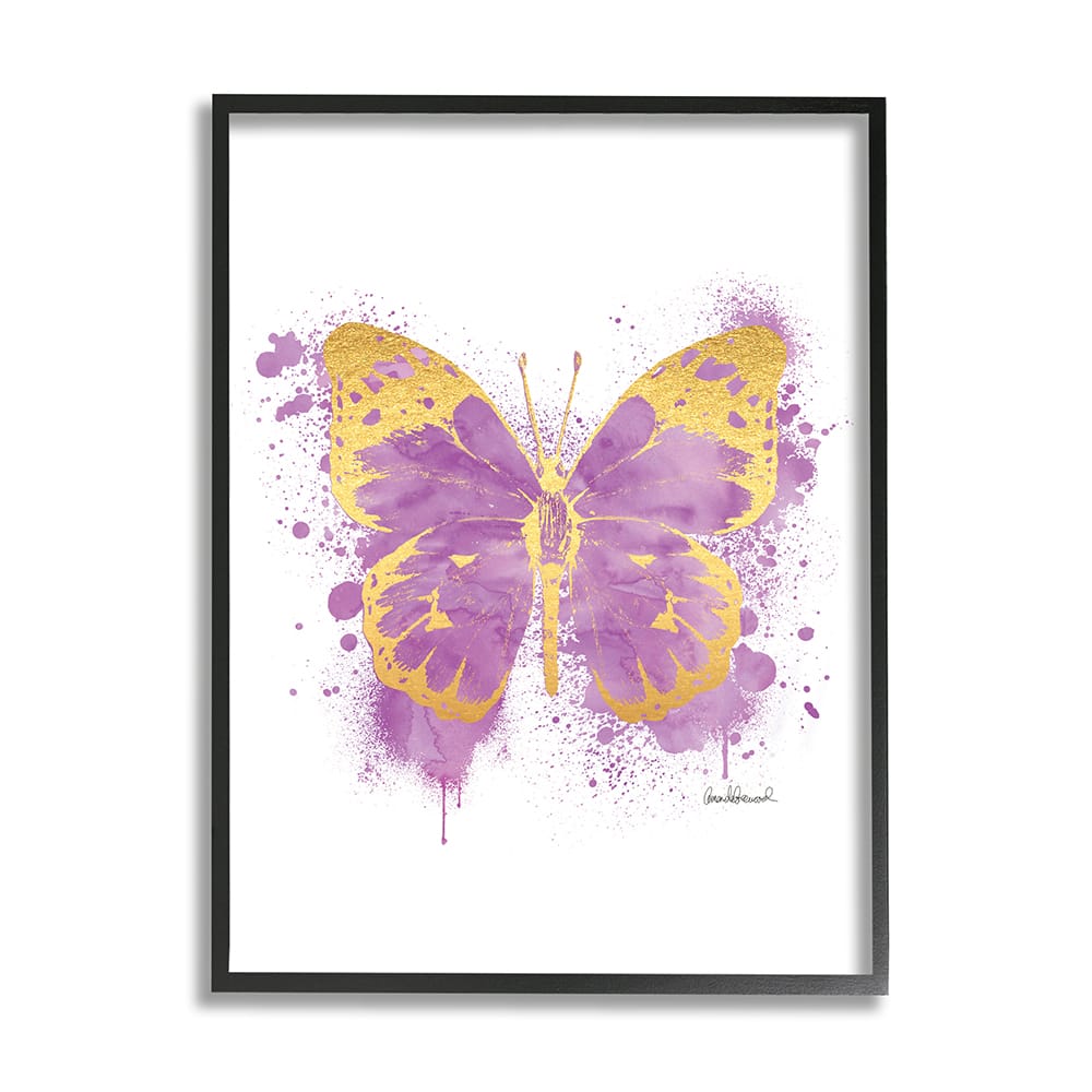 Stupell Industries Purple Butterfly Paint Splatter Glam Insect in Black Frame Wall Art