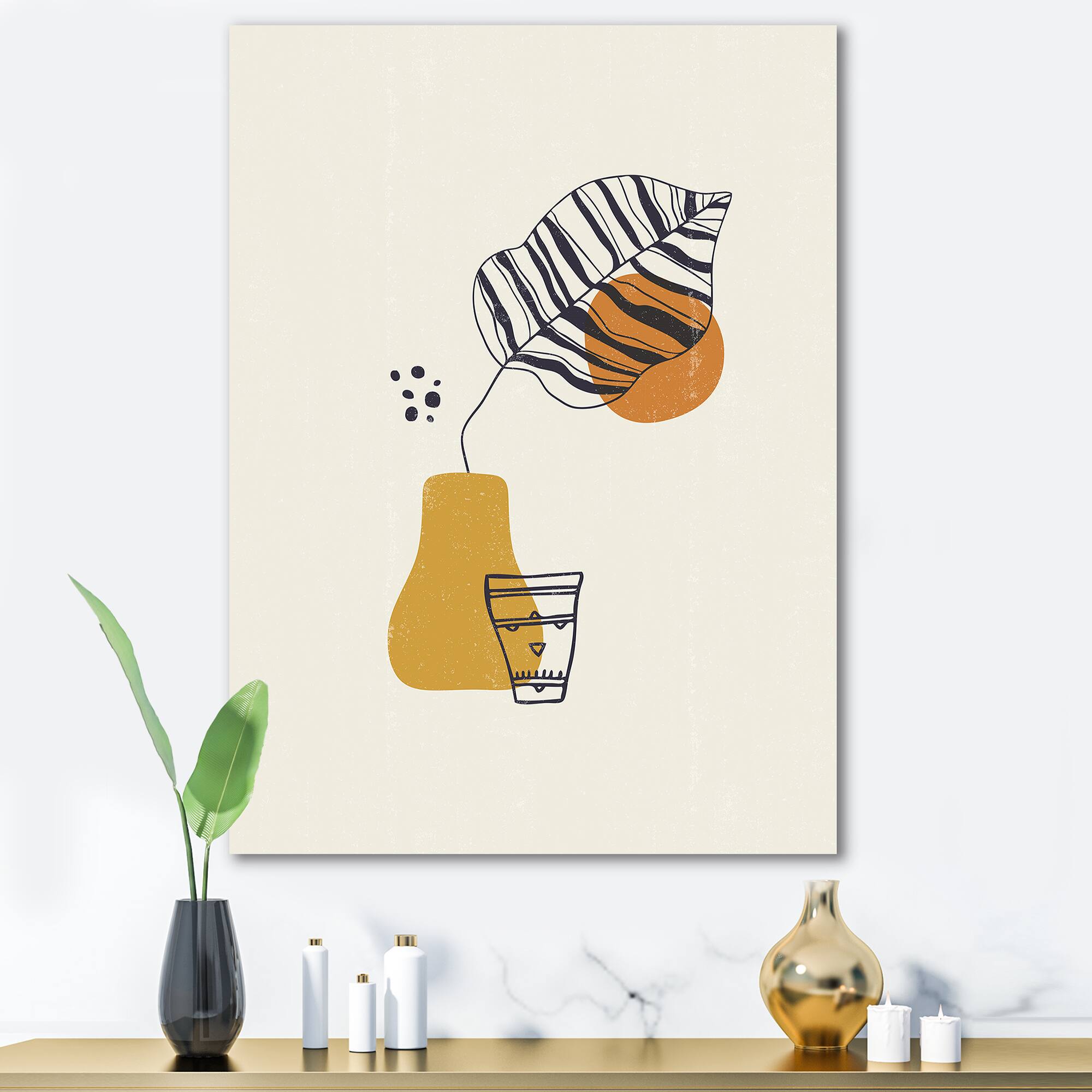 Designart - Botanical Minimalist Leaf With Abstract Shapes III - Modern Canvas Wall Art Print