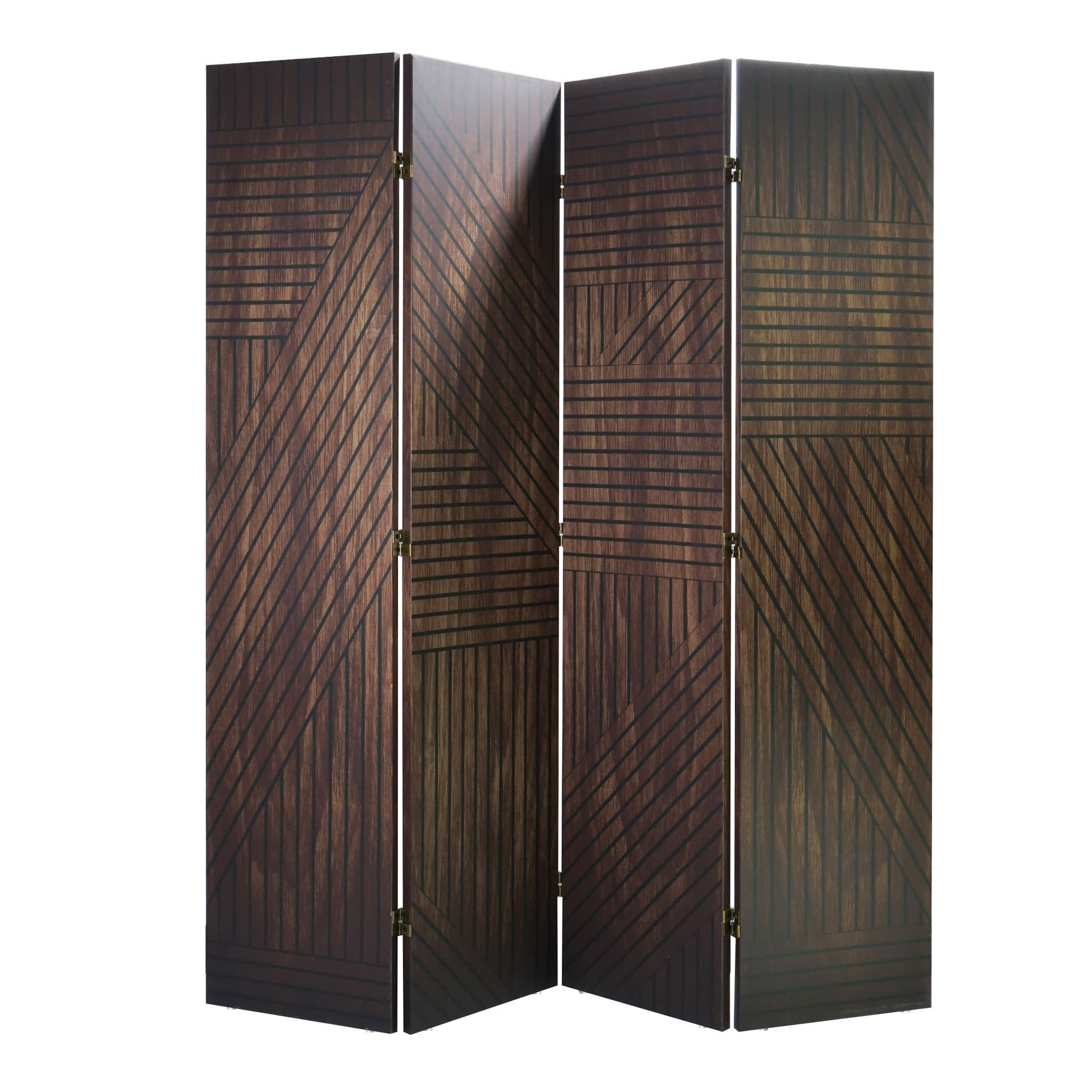American Art Decor&#x2122; 6ft. Double-Sided 4-Panel Walnut Slat Wood Pattern Print Canvas Room Divider