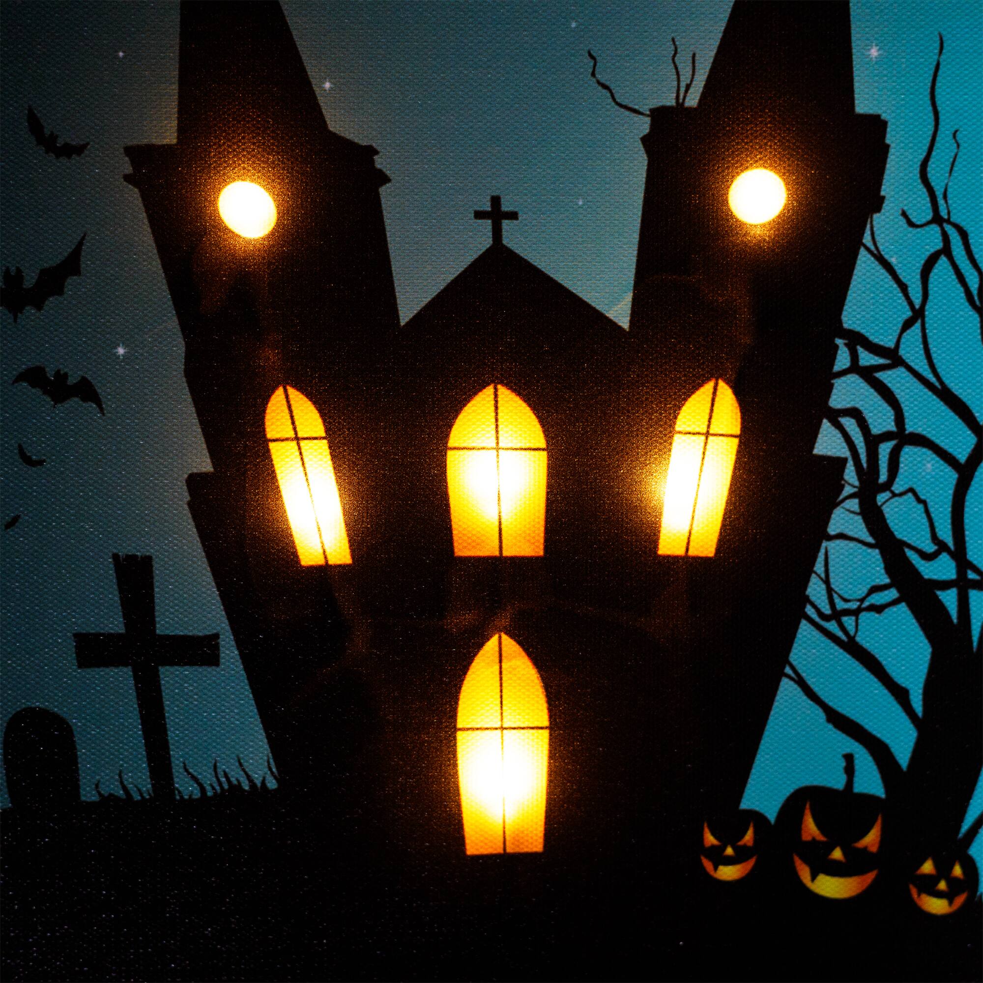 LED Lighted Eerie Church in Cemetery Halloween Canvas Wall Art