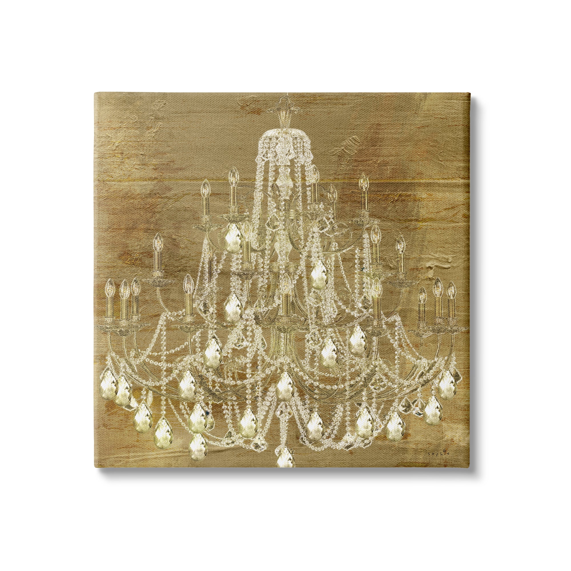 Stupell Industries Vintage Glam Crystal Chandelier Rustic Distressed Gold Background Canvas Wall Art