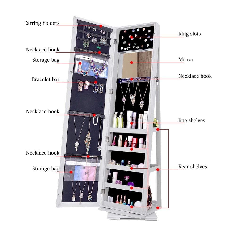 Pearl White Rotatable 2-in-1 Lockable Jewelry Cabinet