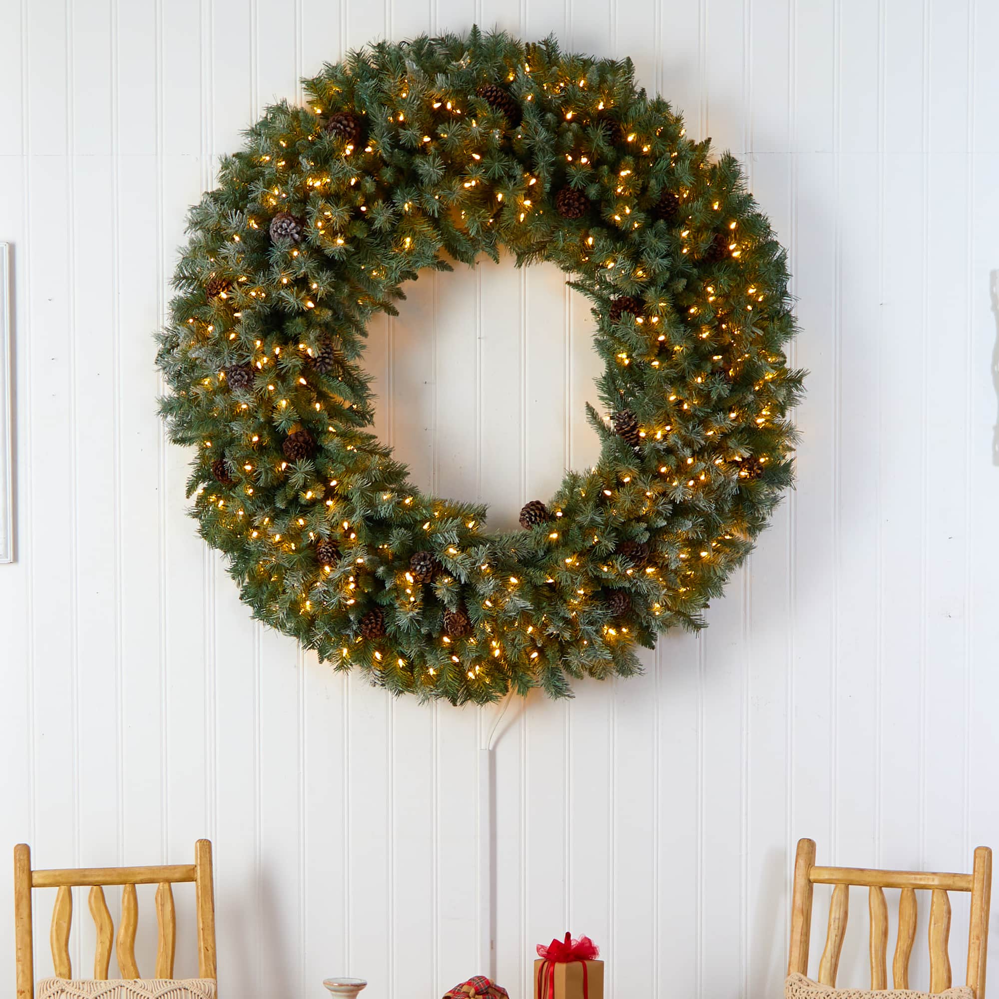 5ft. Clear LED Lights Flocked Artificial Christmas Wreath With Pinecones