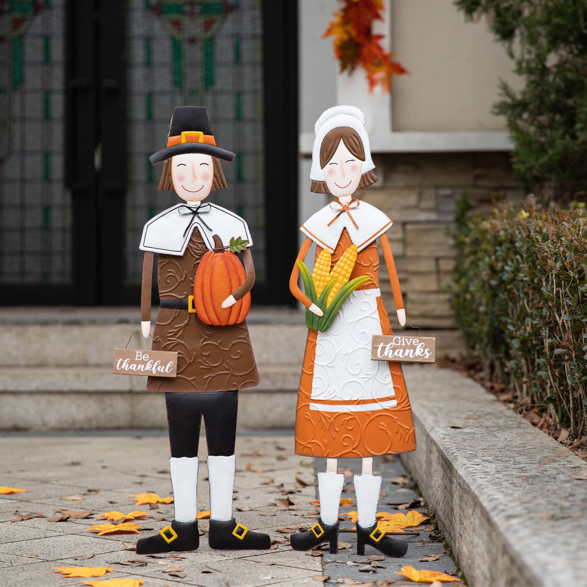 Glitzhome® Metal Thanksgiving Pilgrim Hanging Or Standing Yard Stake ...