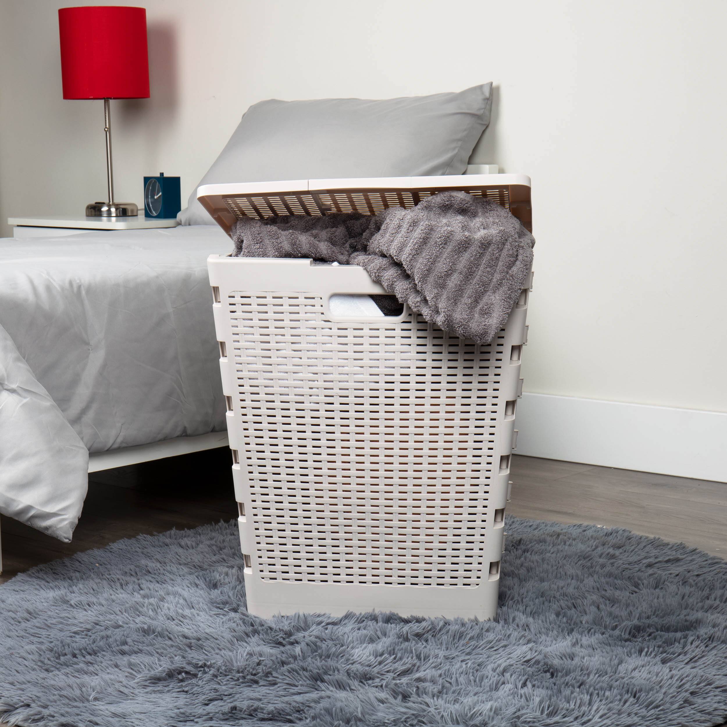 Mind Reader 21'' Ivory Folding Laundry Hamper Basket with Cutout Handles