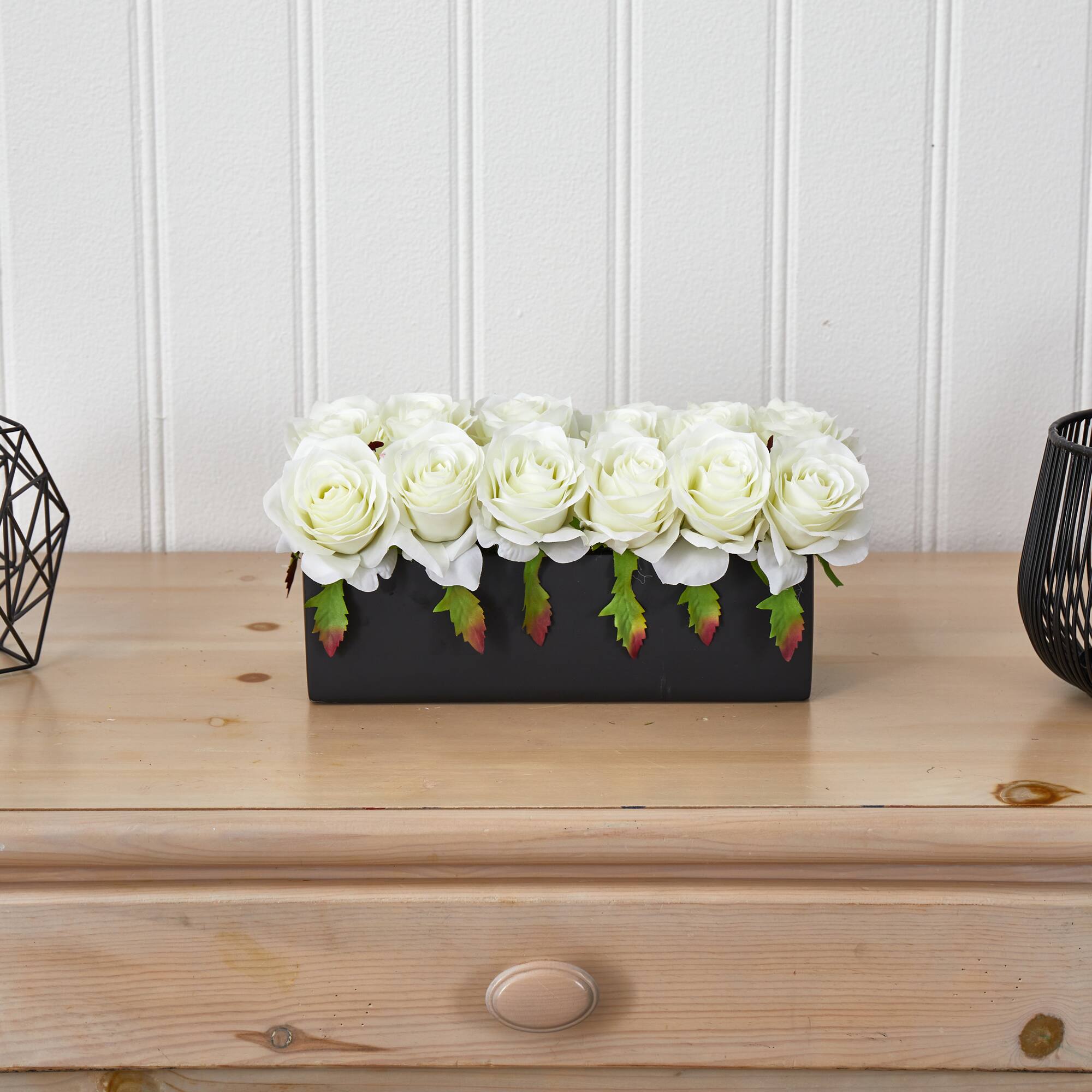 6&#x22; White Dozen Roses in Black Rectangular Ceramic Planter