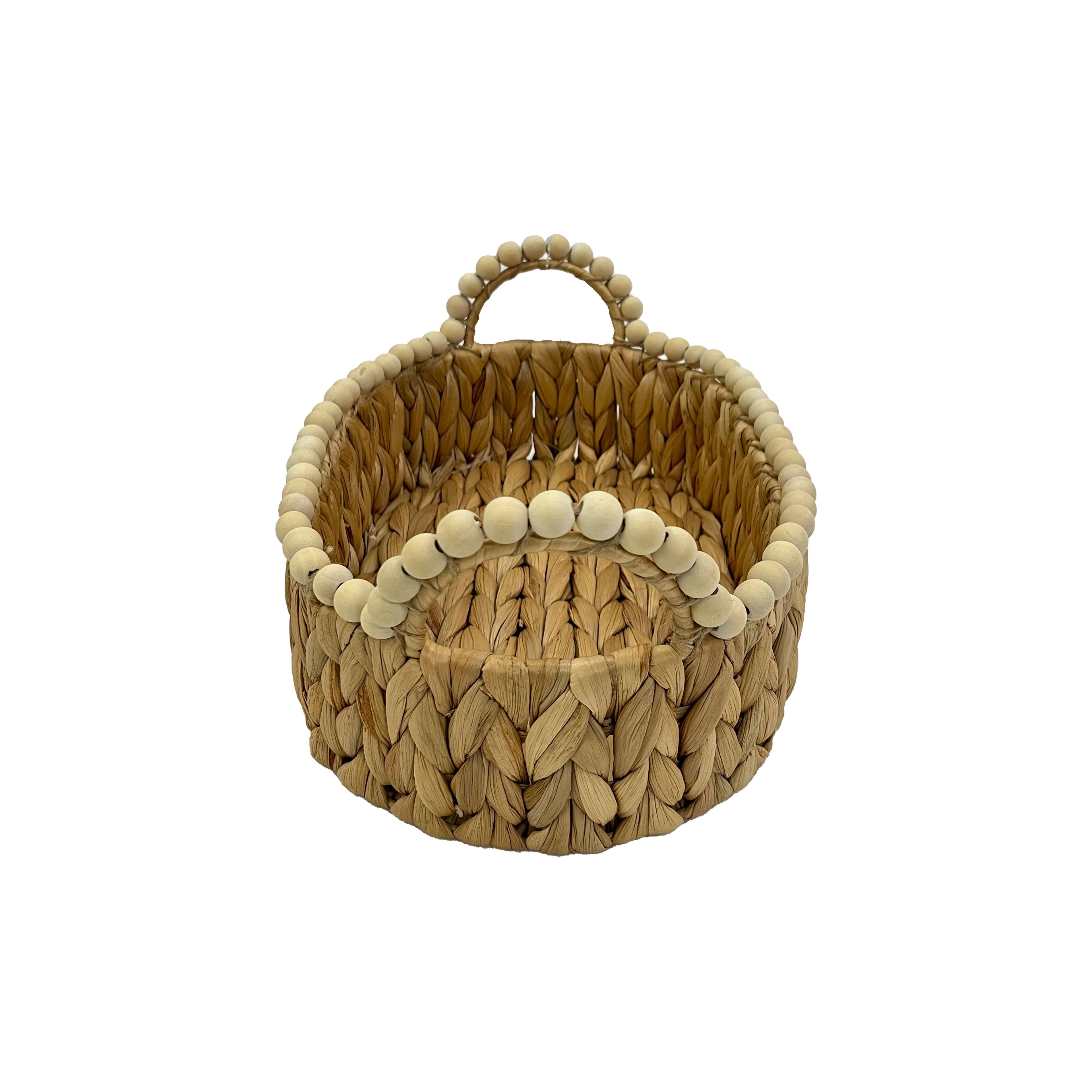 Small Oval Water Hyacinth Woven Basket with Wood Beads by Ashland&#xAE;