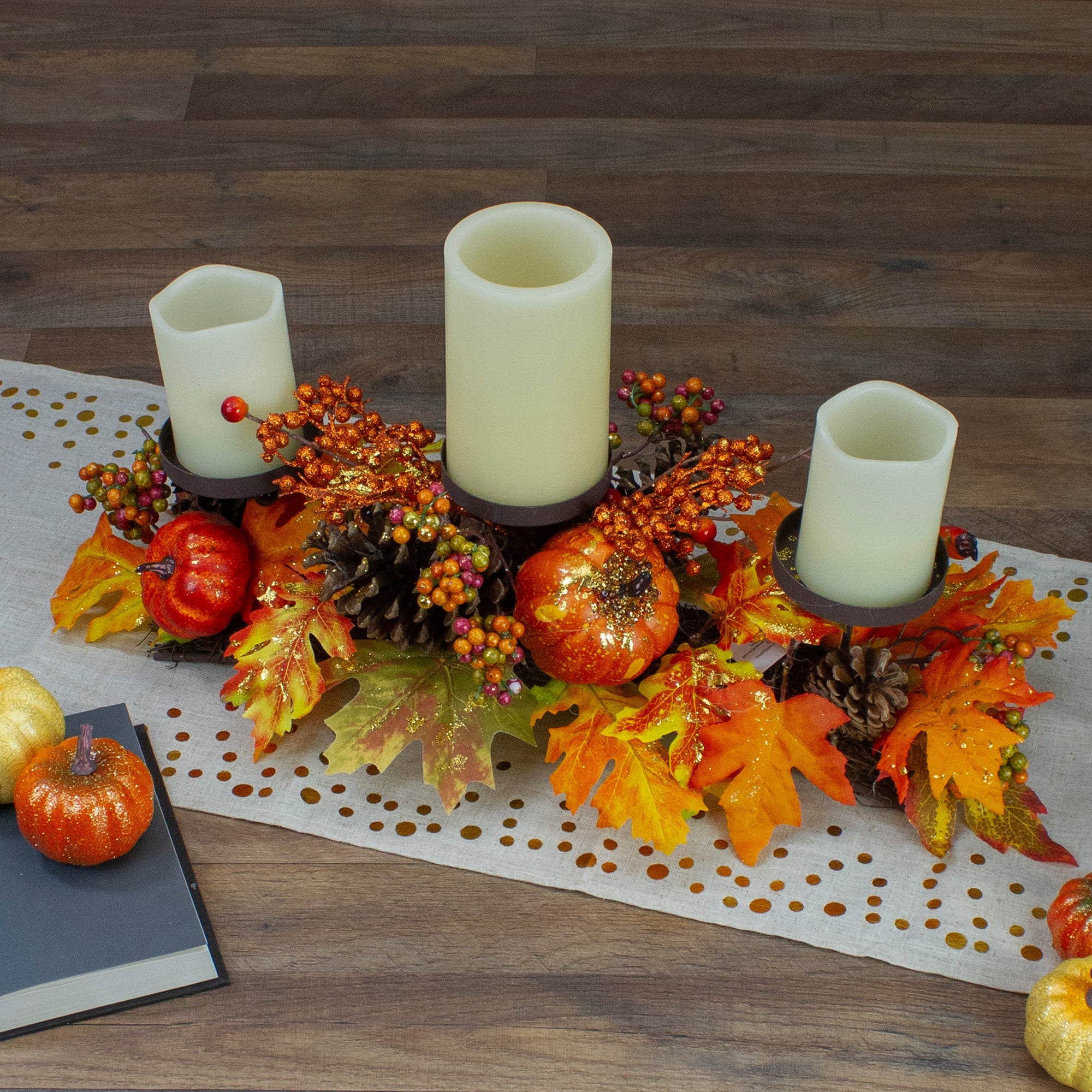 21&#x22; Orange Fall Harvest Leaves &#x26; Pumpkins Candle Holder