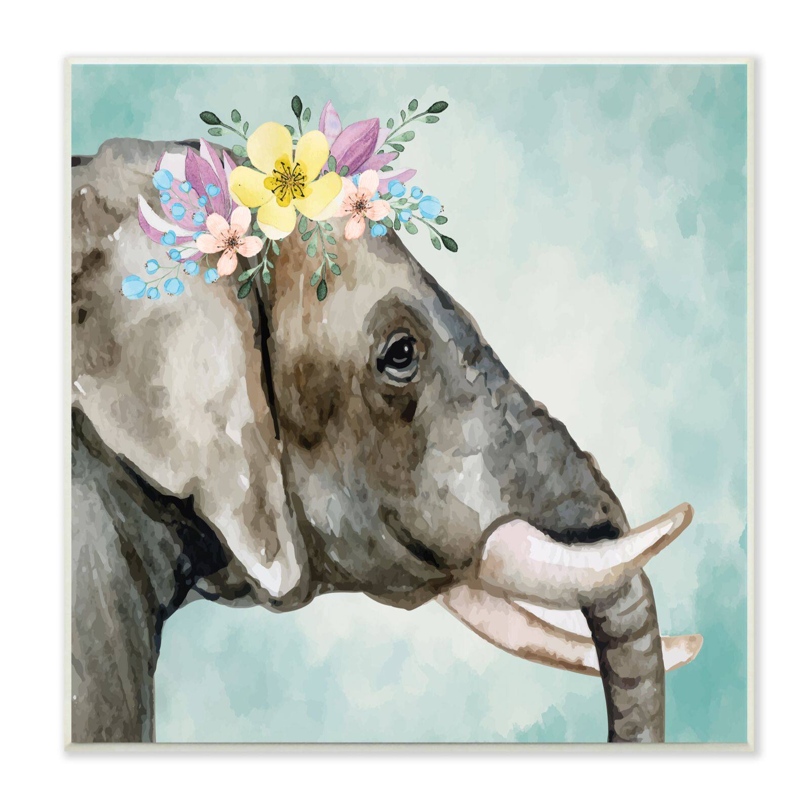Stupell Industries Elephant Safari Animal Purple Yellow Boho Floral Crown,12" x 12"