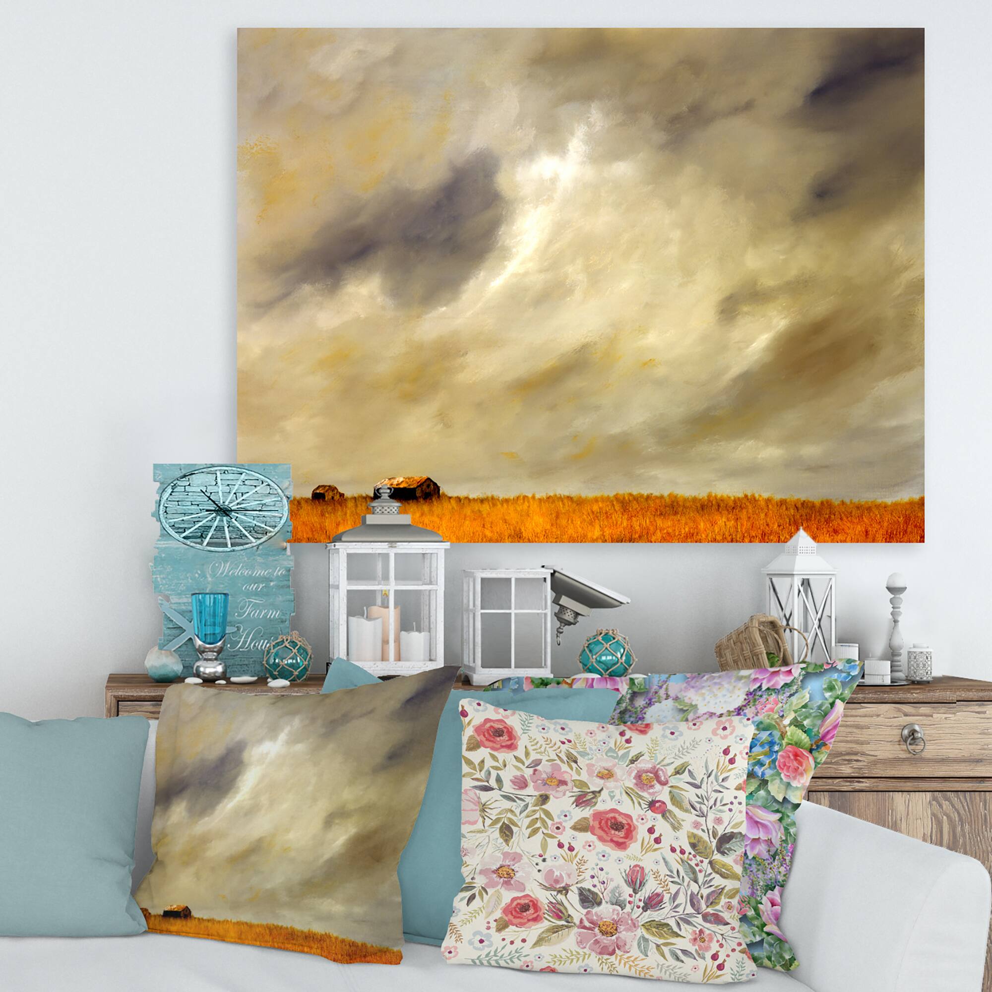 Designart - Desert Farmhouse Under Cloudy Sky in Washington I - Farmhouse Canvas Wall Art Print