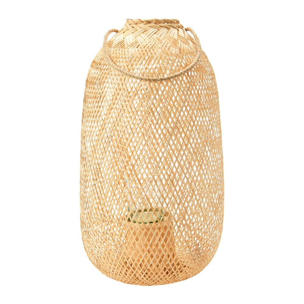 Bloomingville 23.5&#x22; Natural Hand-Woven Bamboo Lantern with Jute Handle &#x26; Glass Insert