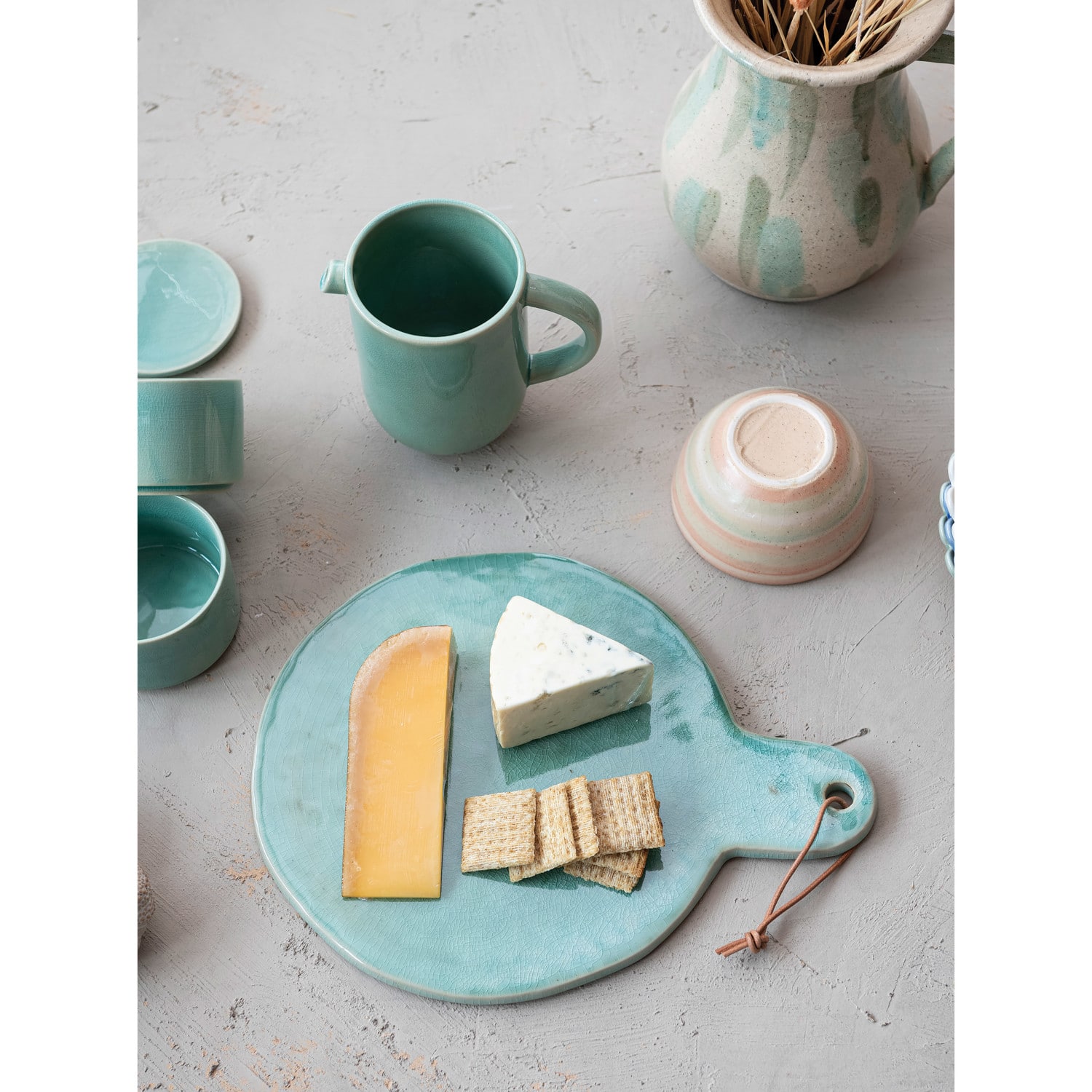 Hello Honey® 13.75" Aqua Round Stoneware Cheese Board with Leather Tie
