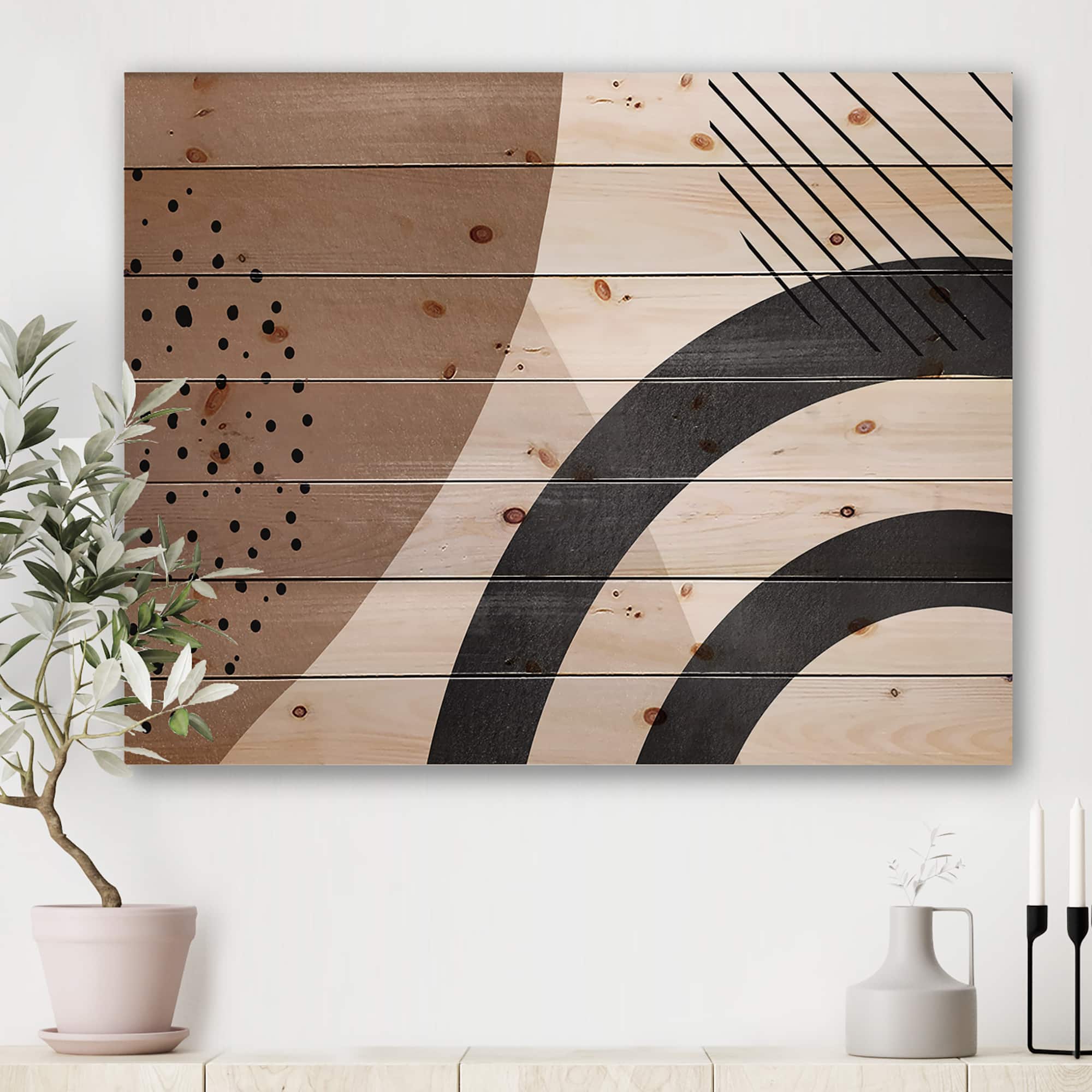 Designart - Abstract Shapes in Terracotta and Ivory Shapes III - Modern Print on Natural Pine Wood