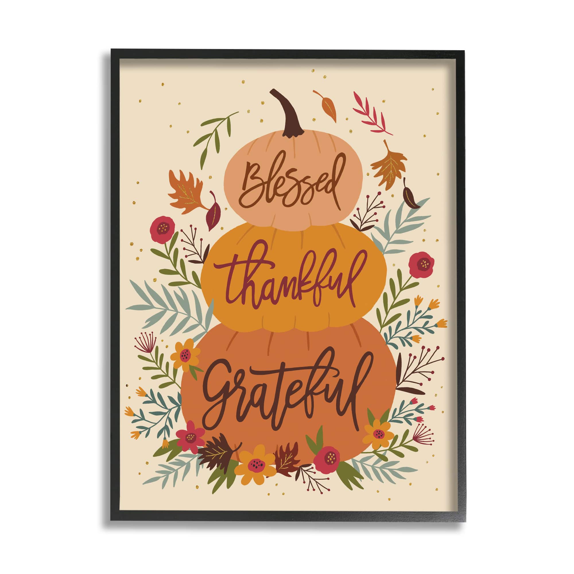 Stupell Industries Blessed Thankful Grateful Sentiments Stacked Orange Pumpkins in Black Frame Wall Art
