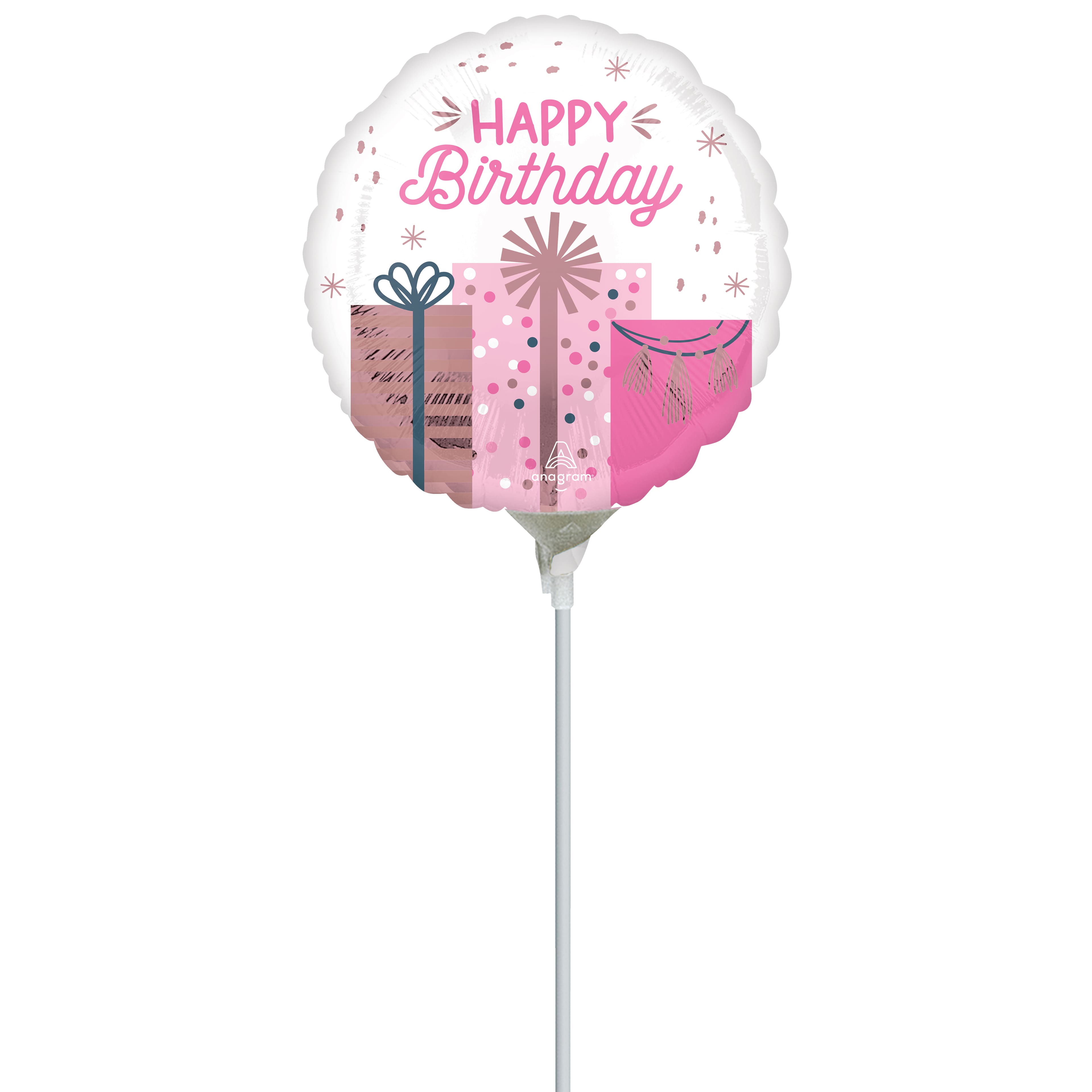 9" Pink Pastel Birthday Presents Foil Balloon Stick