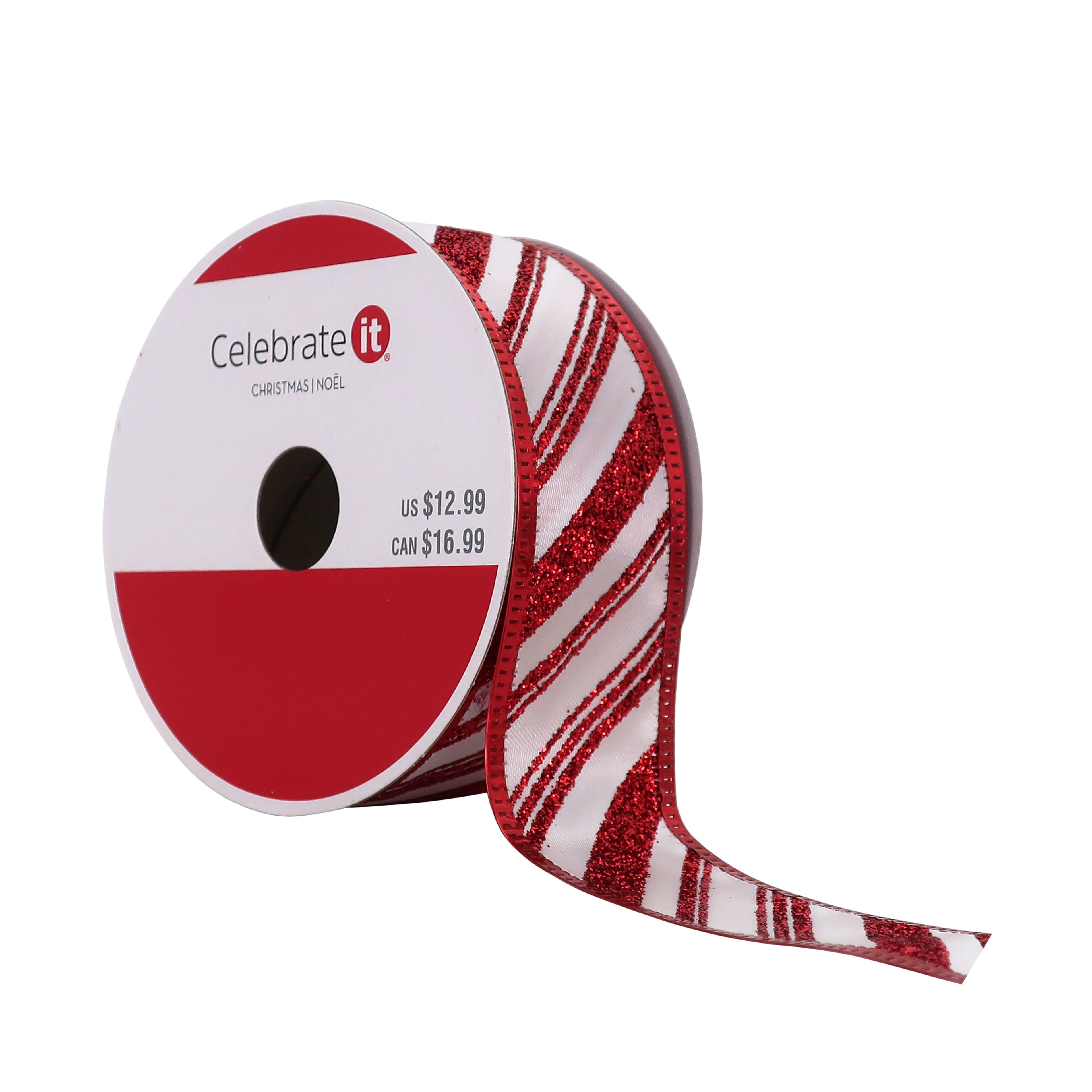 1.5&#x22; x 30ft. Red &#x26; White Striped Wired Taffeta Glitter Ribbon by Celebrate It&#xAE; Christmas