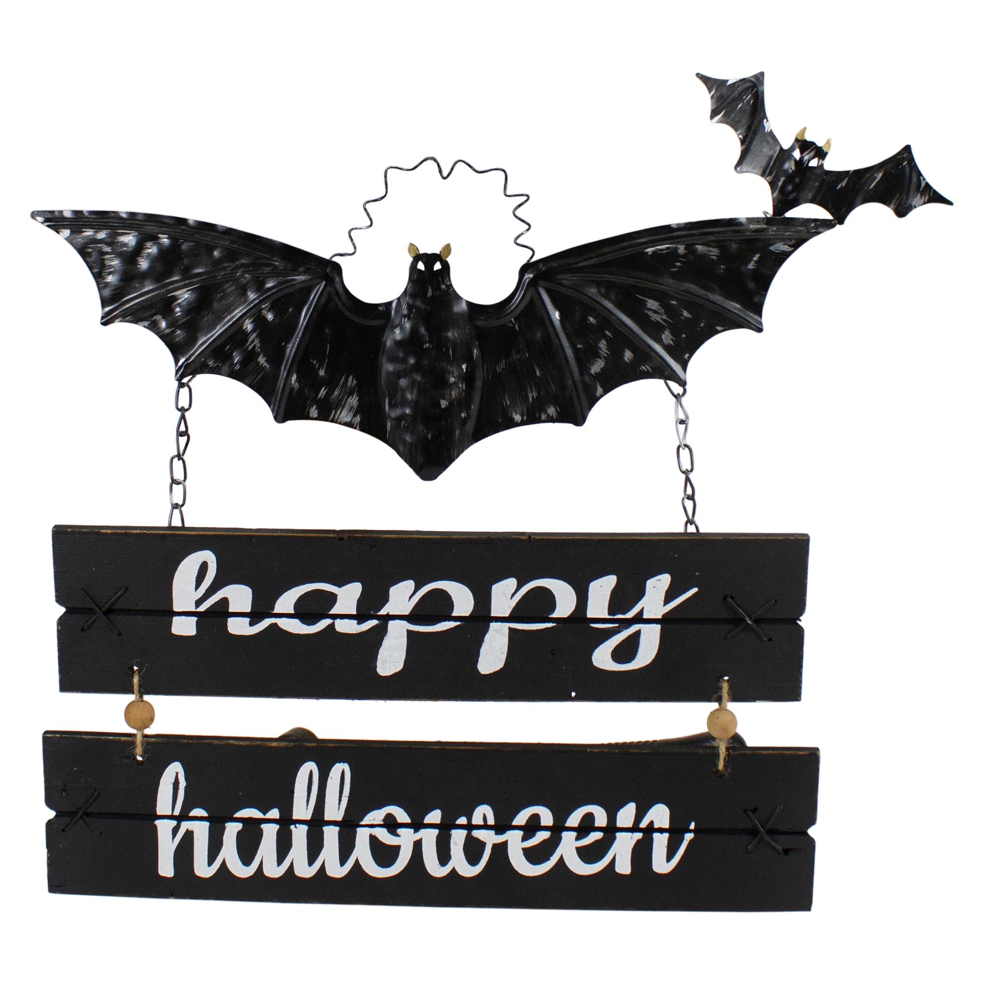17&#x22; Black Bat &#x26; Happy Halloween Metal Hanging Sign
