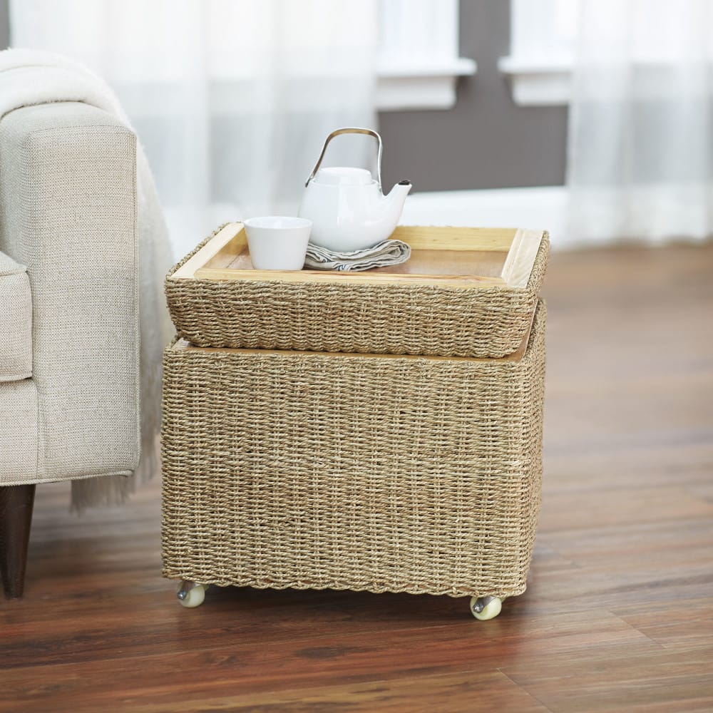 Household Essentials 18" Seagrass Rolling Wicker Storage Ottoman