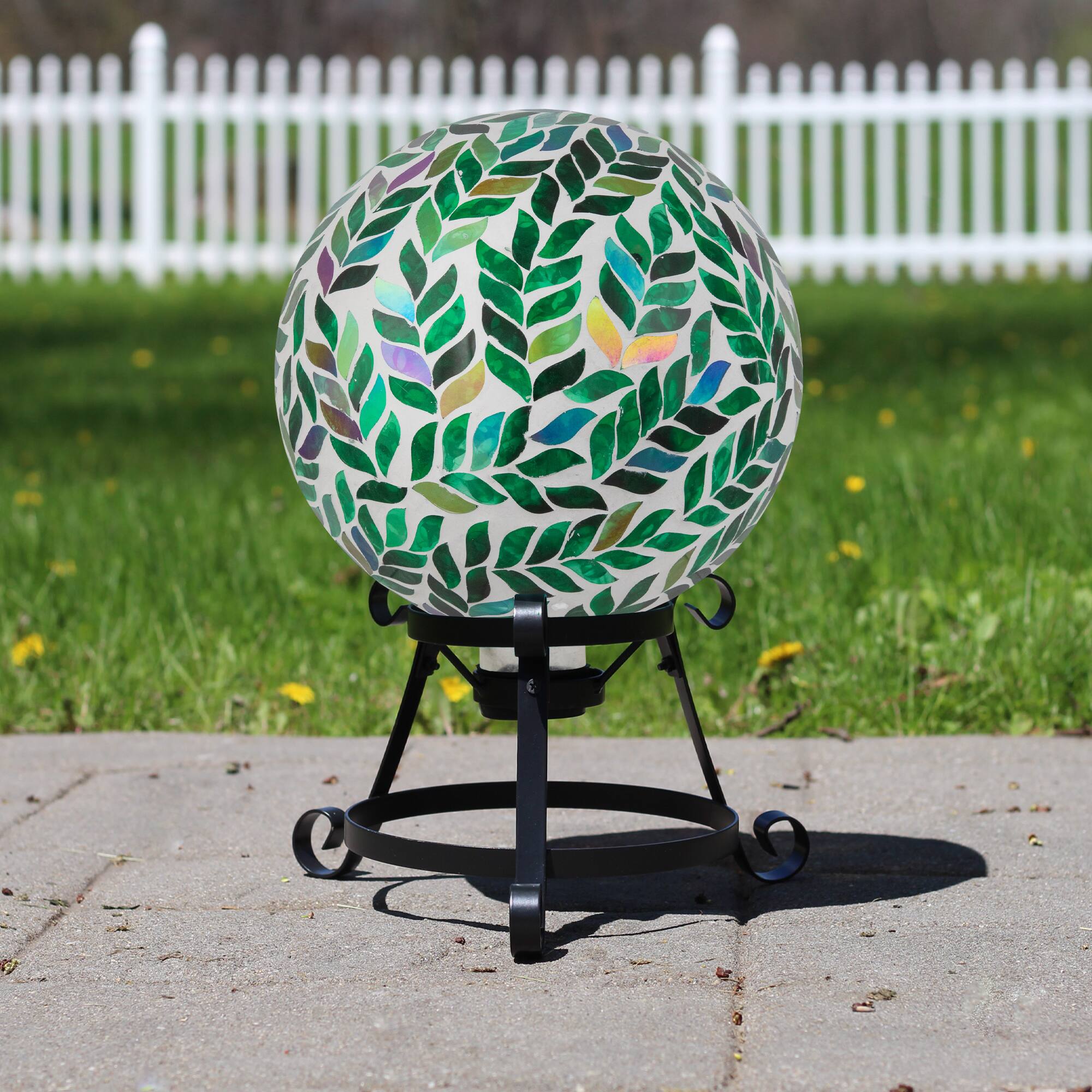 10" White & Green Mosaic Iridescent Leaves Outdoor Garden Gazing Ball