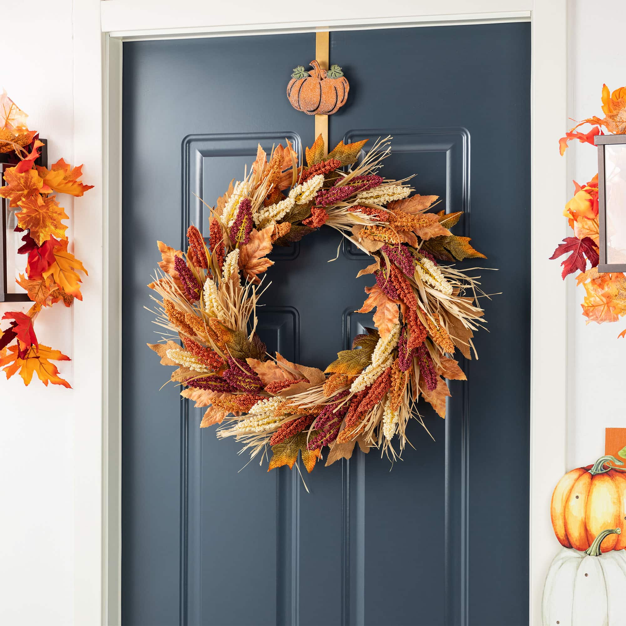Glitzhome&#xAE; 24&#x22; Fall Sorghum Wreath Includes a Black Metal Wreath Hanger