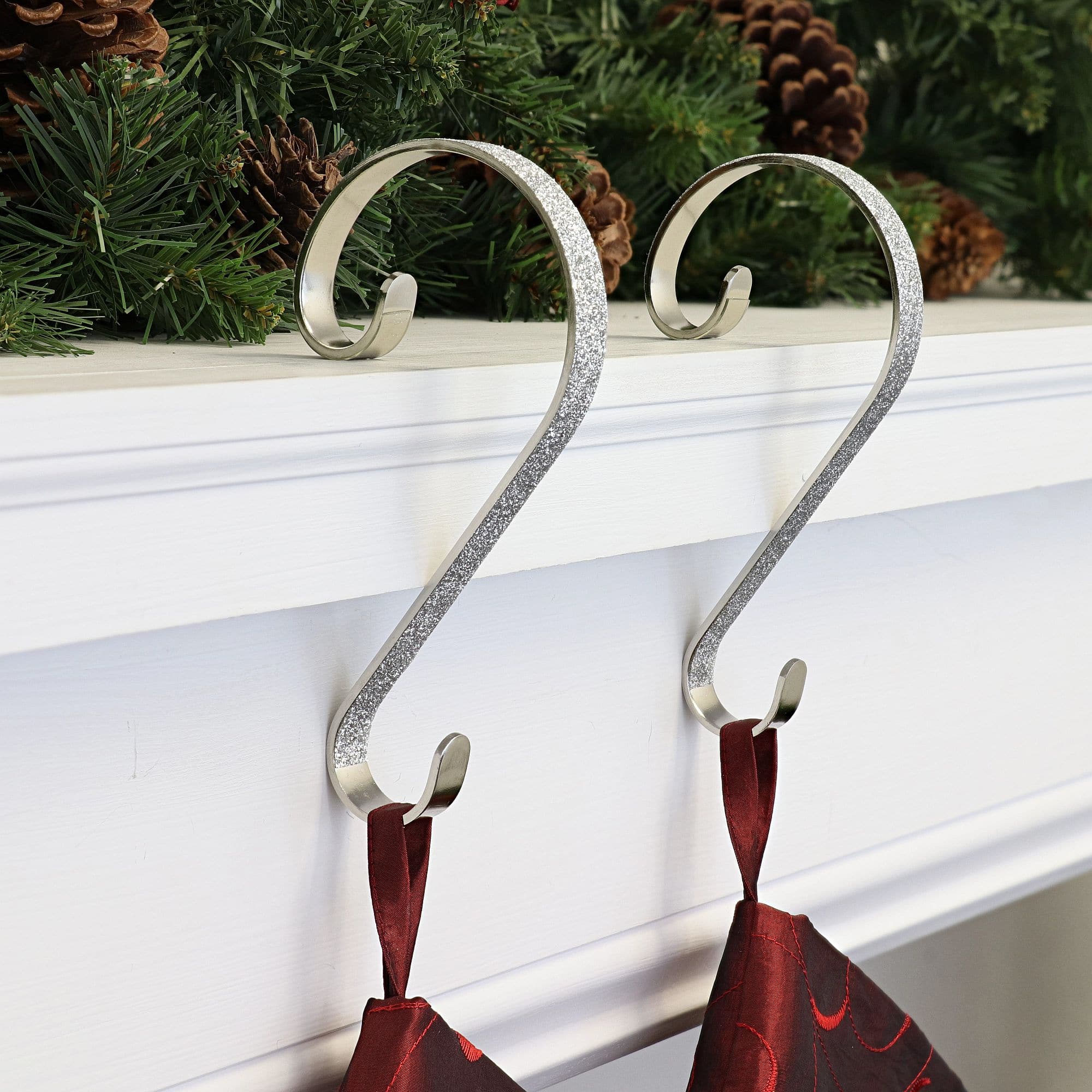 Haute Decor Stocking Scroll&#xAE; Silver Glitter Stocking Holders, 2ct.