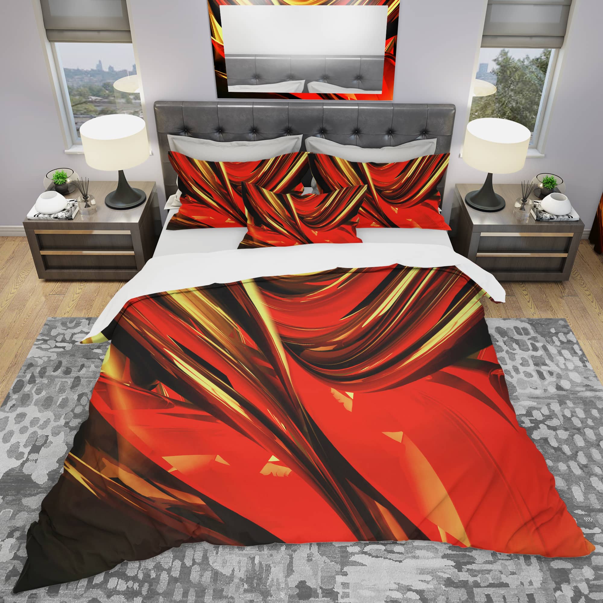 Designart &#x27;Fire Lines Red Abstract&#x27; Modern &#x26; Contemporary Bedding Set - Duvet Cover &#x26; Shams