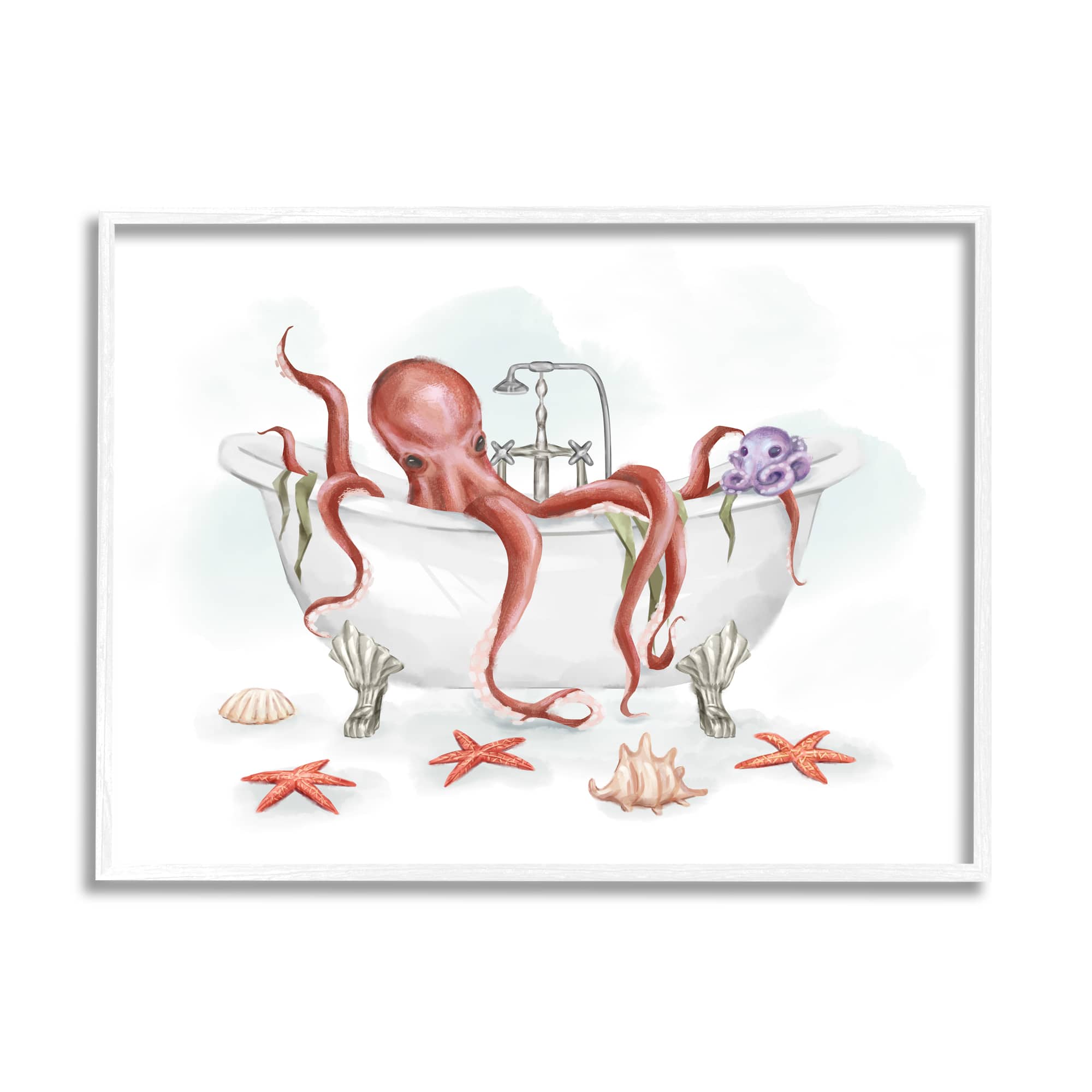 Stupell Industries Red Octopus Nautical Claw Bath Sea Shells in White Frame Wall Art