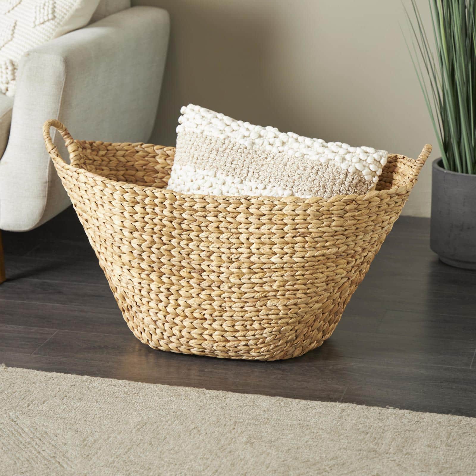 31" Brown Seagrass Handmade Woven Storage Basket with Ring Handles