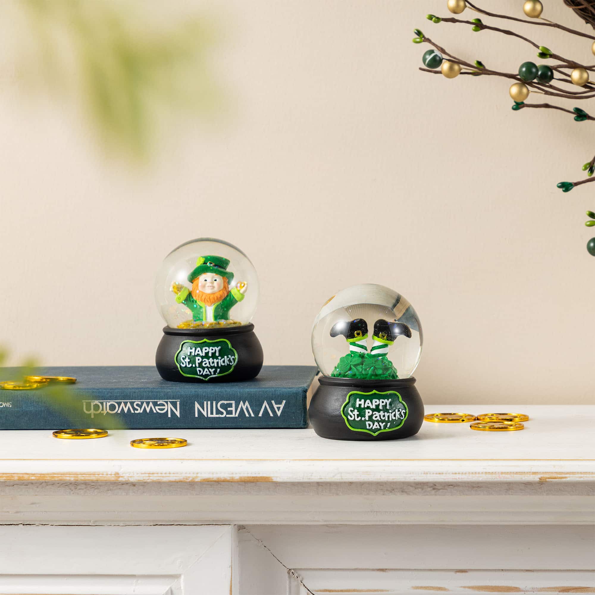 Glitzhome® 3.5" 65mm St. Patrick's Resin Leprechaun Waterglobes Set