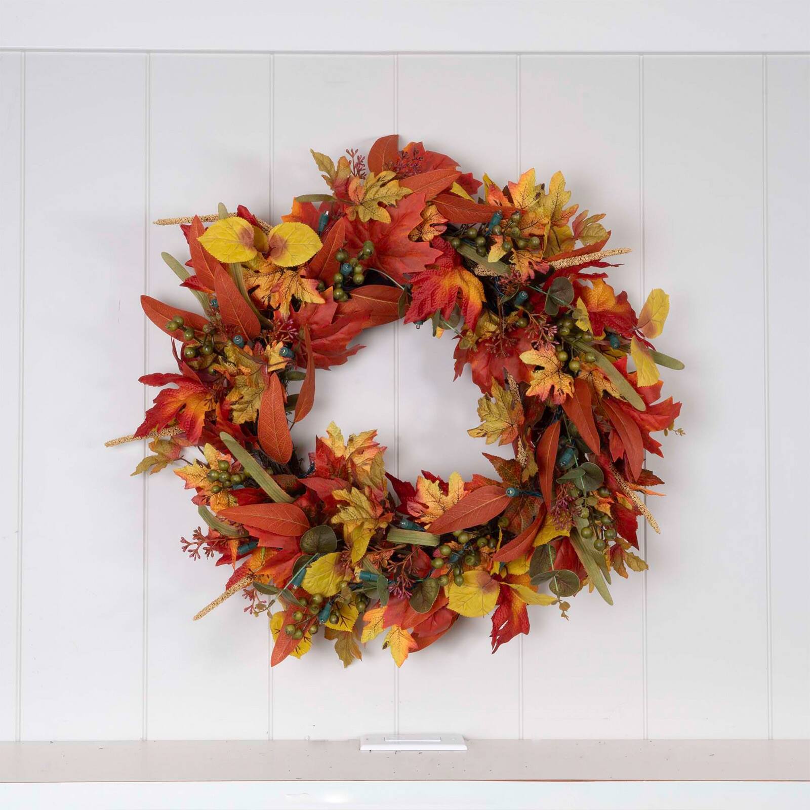 24&#x22; Pre-Lit Fall Harvest Leaf Holiday Wreath