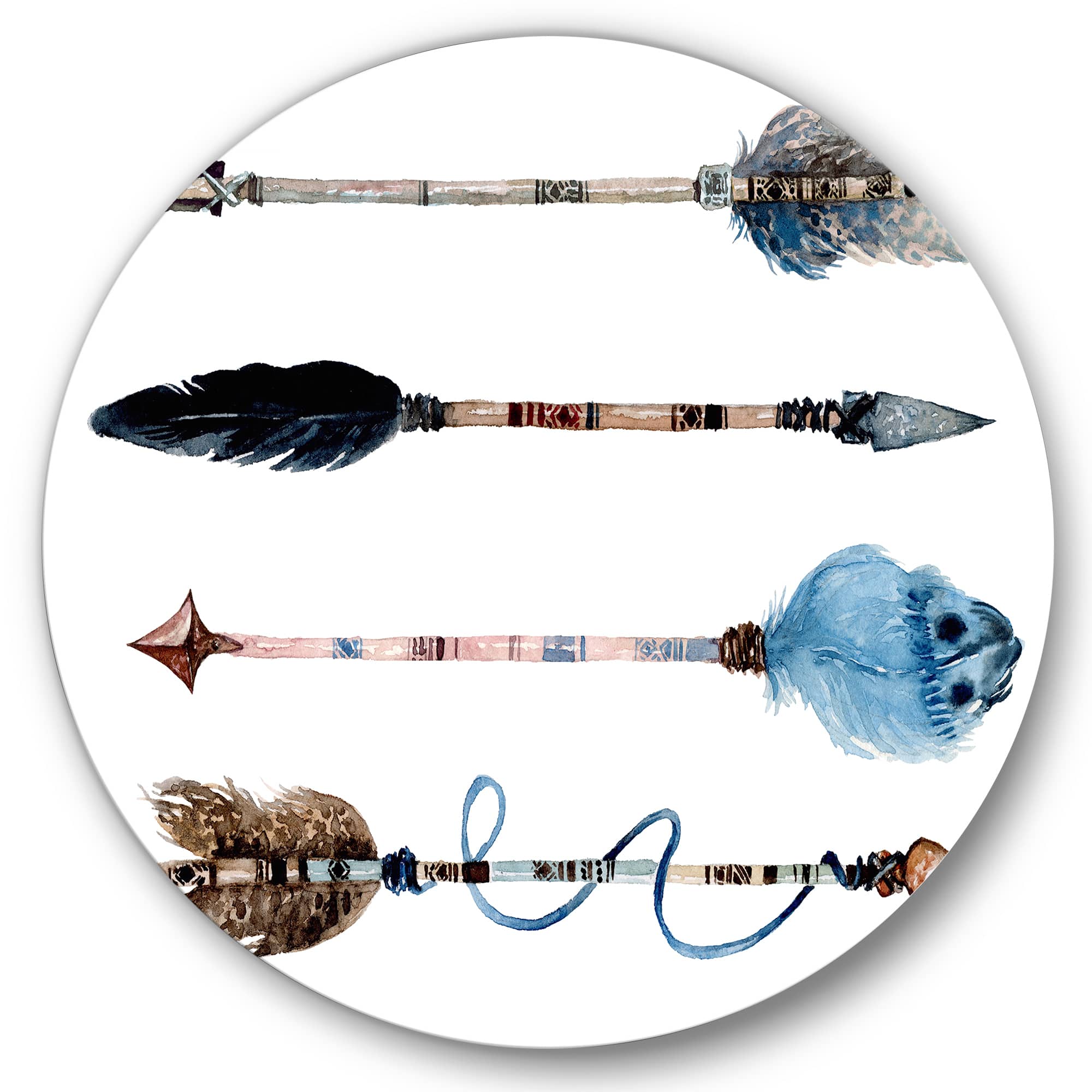 Designart - Ethnic Feathers and Flowers On Native Arrows IV - Bohemian & Eclectic Metal Circle Wall Art