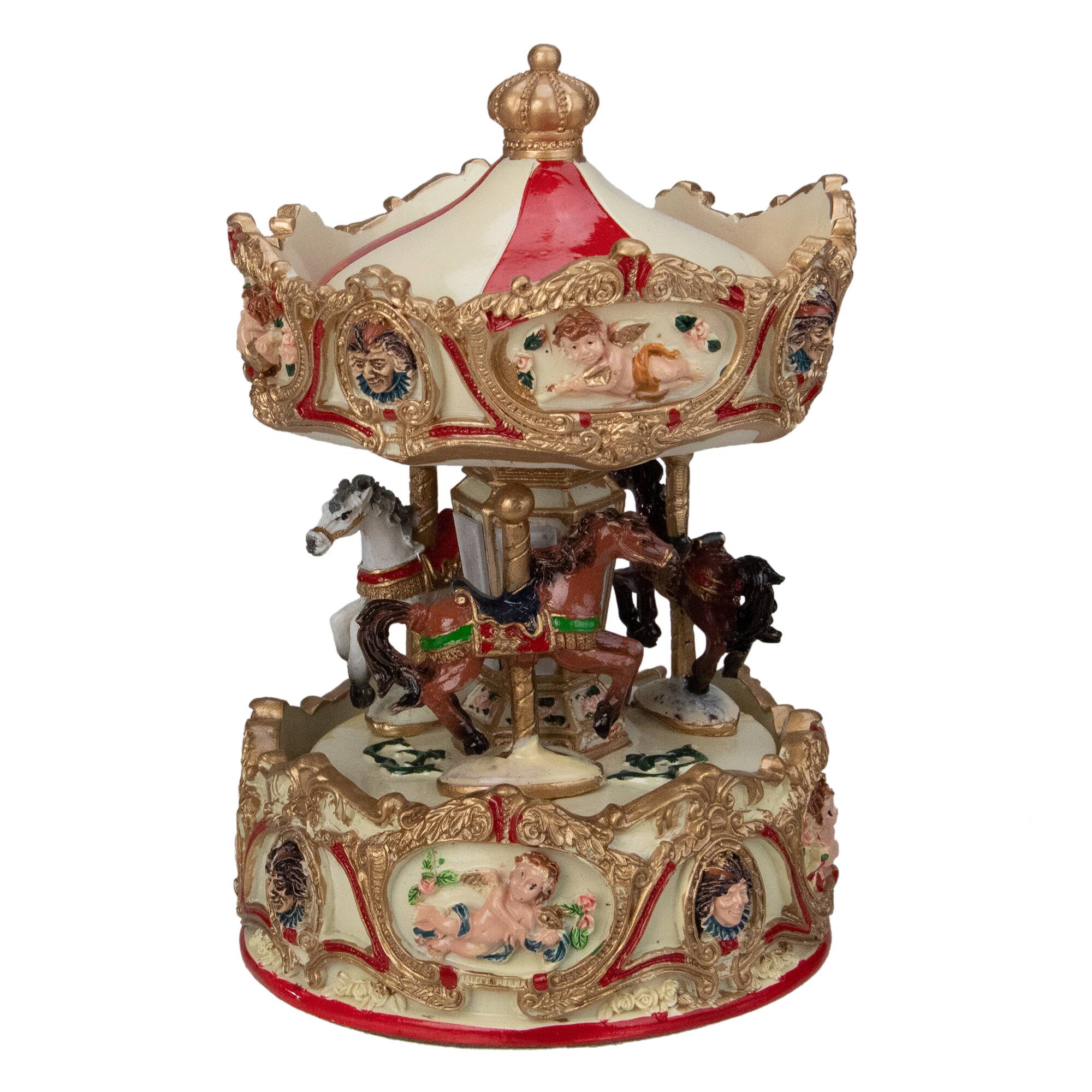 6.5" Ivory & Gold Animated Musical Clown & Cupid Carousel Tabletop Decoration