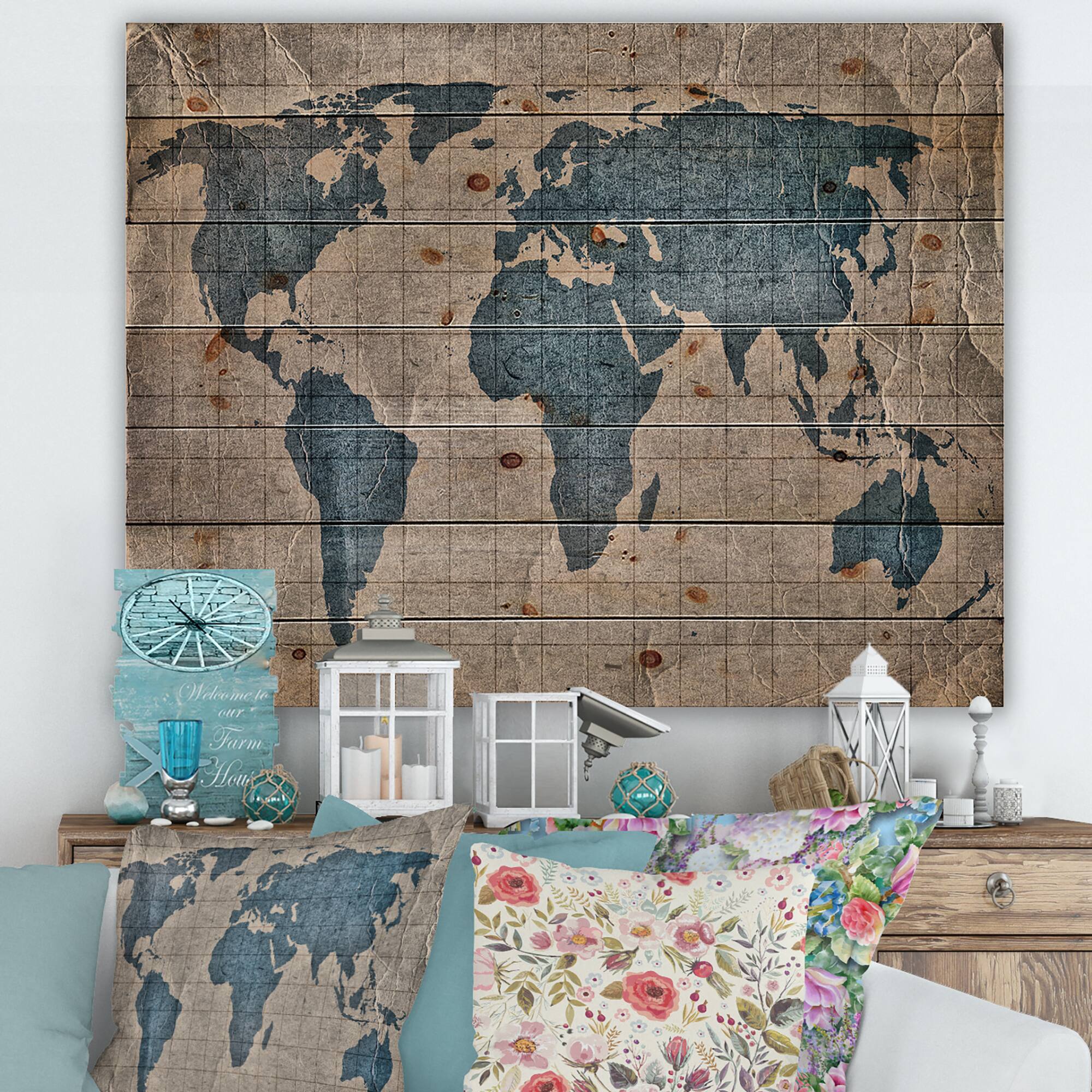 Designart - Ancient Map of The World I - Rustic Print on Natural Pine Wood