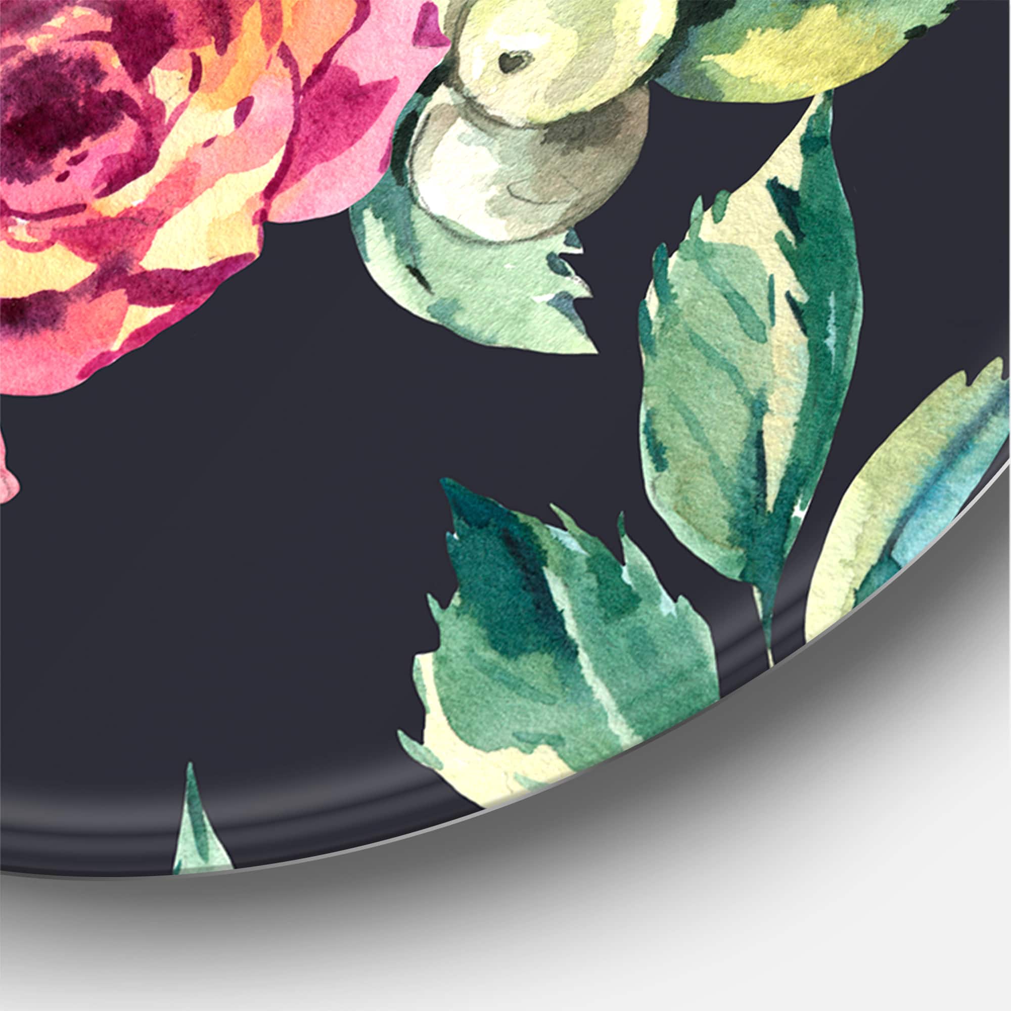 Designart - Red VIntage Roses and Berries On Black - Farmhouse Metal Circle Wall Art