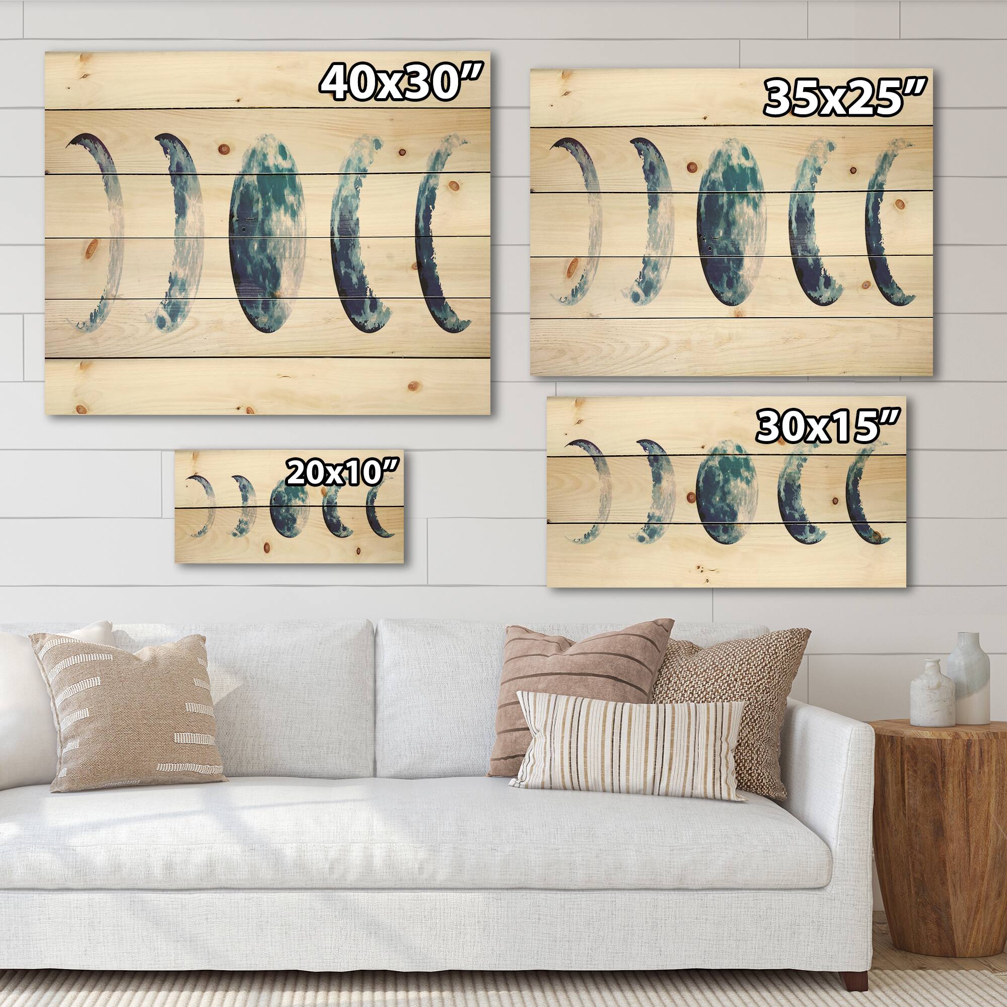 Designart - Magic Blue Moon Phases - Bohemian &#x26; Eclectic Print on Natural Pine Wood