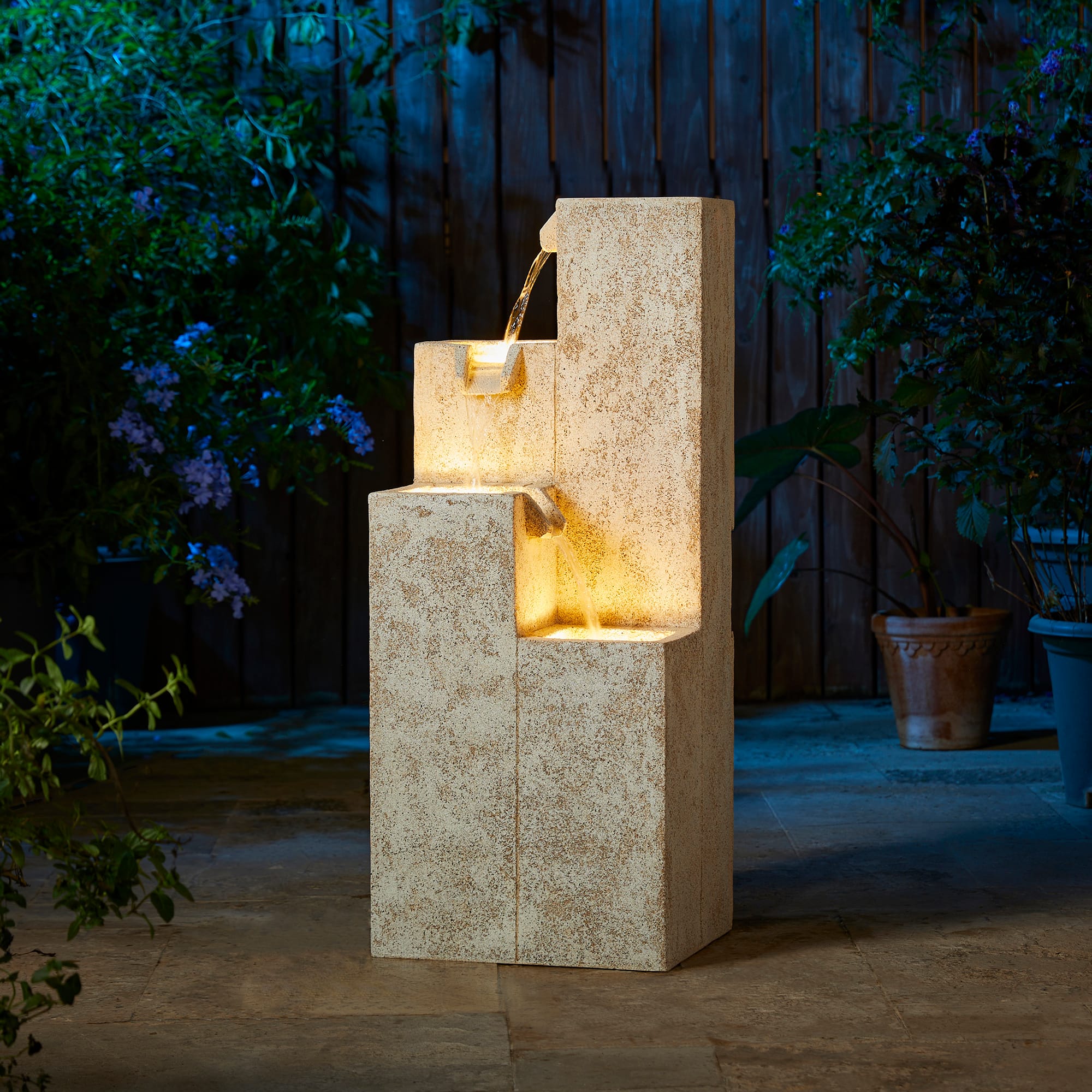 Glitzhome&#xAE; 34&#x22; 4-Tier Faux Terrazzo Geometric Square Column Outdoor Fountain with LED Light