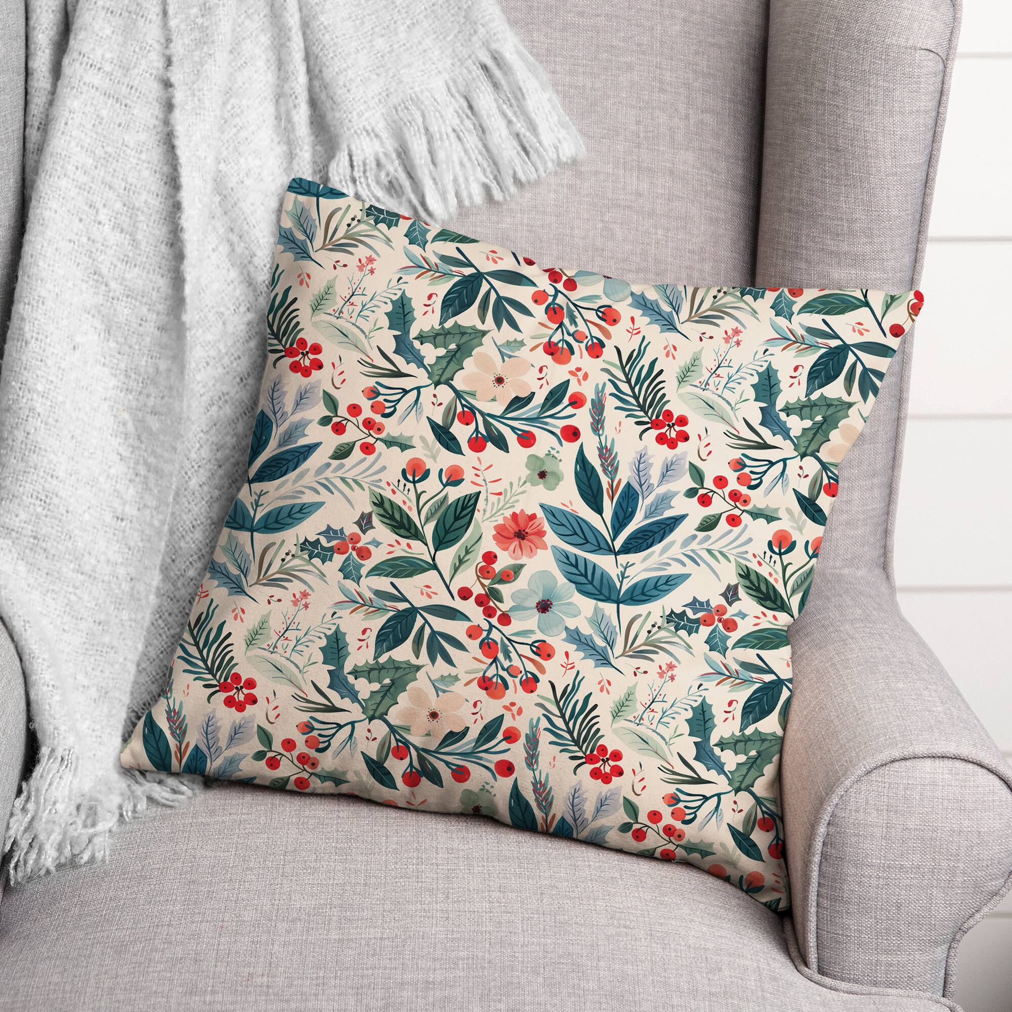Watercolor Christmas Botanical 18" x 18" Indoor / Outdoor Pillow