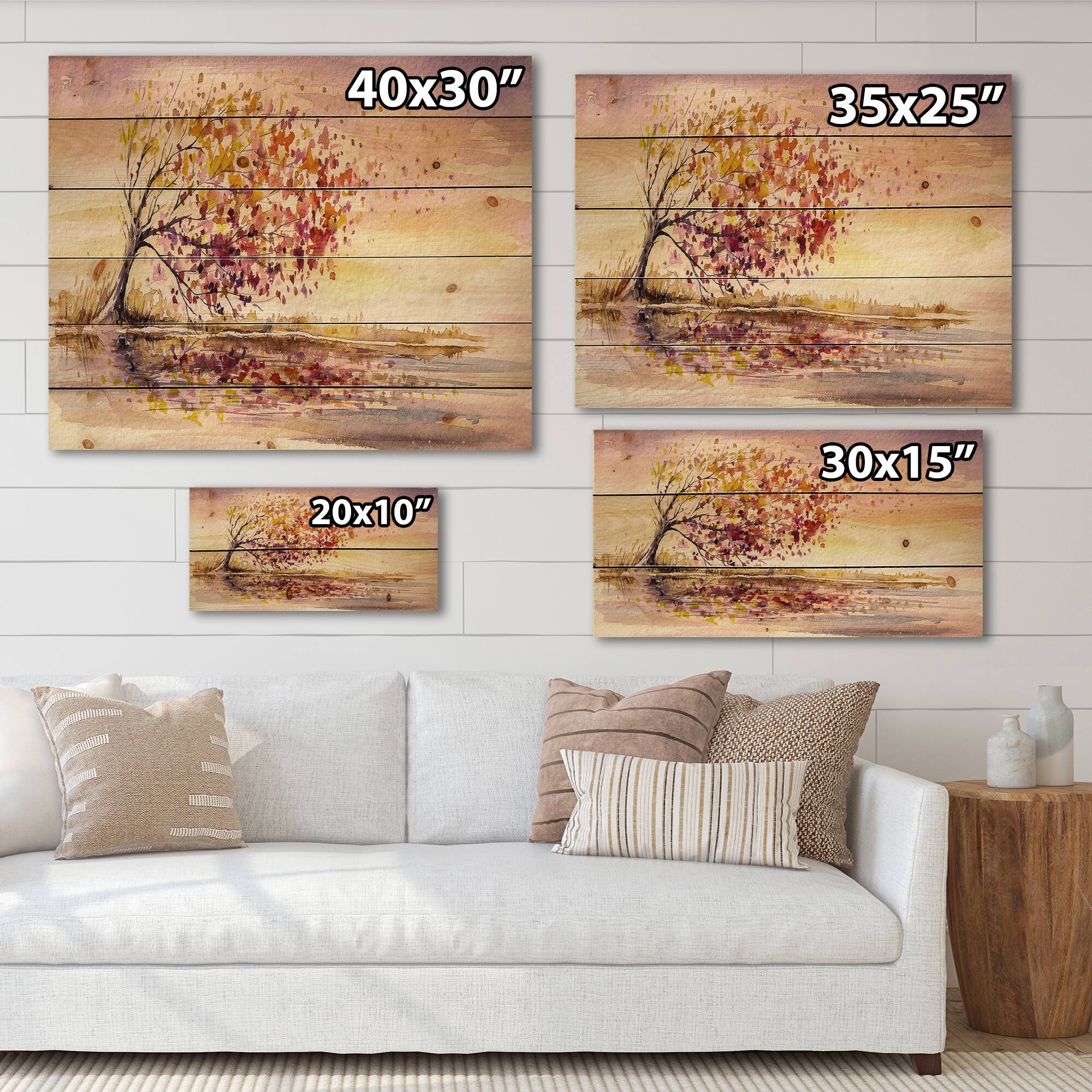 Designart - Yellow and Orange Autumn Tree - Traditional Print on Natural Pine Wood