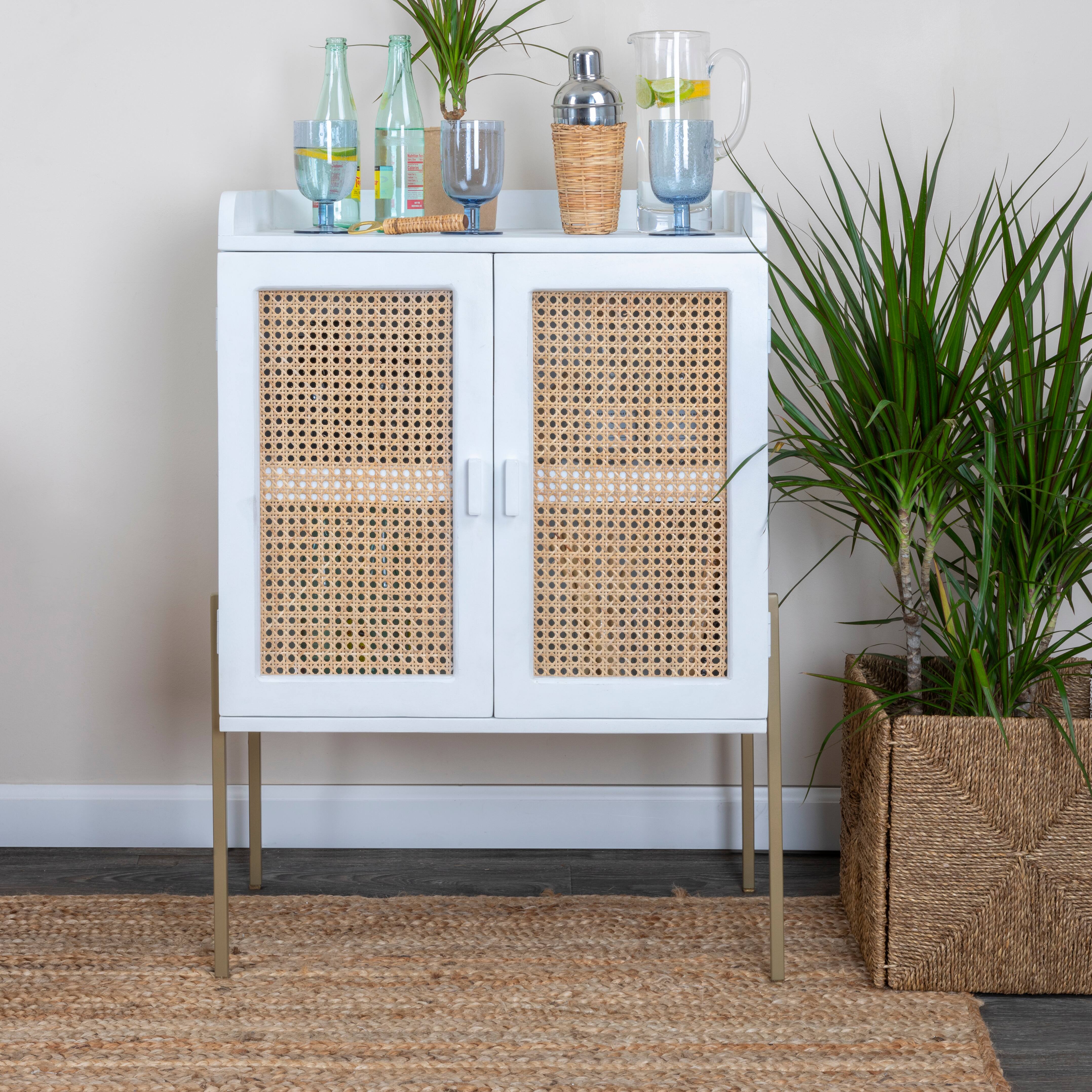 Hello Honey&#xAE; 36&#x22; Boho Solid Wood Bar Cabinet with Metal Legs and Woven Cane Doors