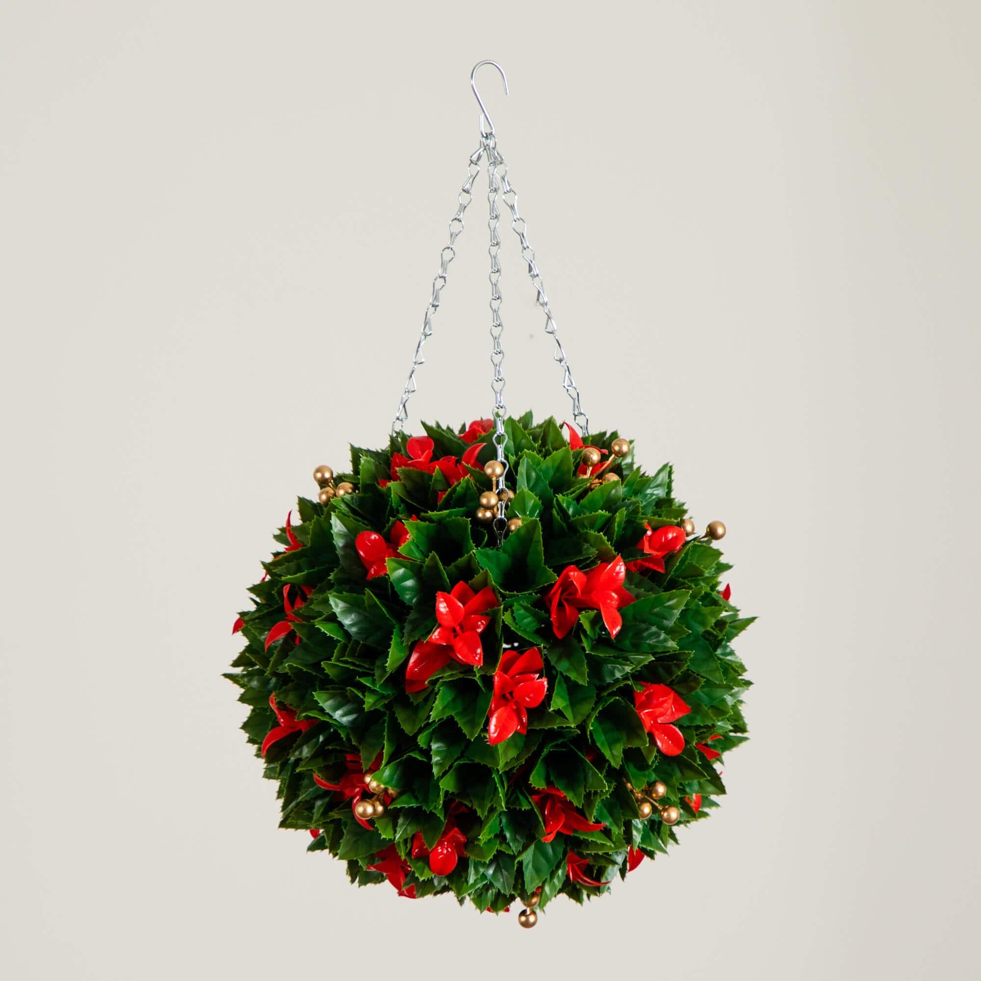 15in. UV Resistant Artificial Red Tip Photinia Christmas Hanging Ball with Gold Berries (Indoor/Outdoor)